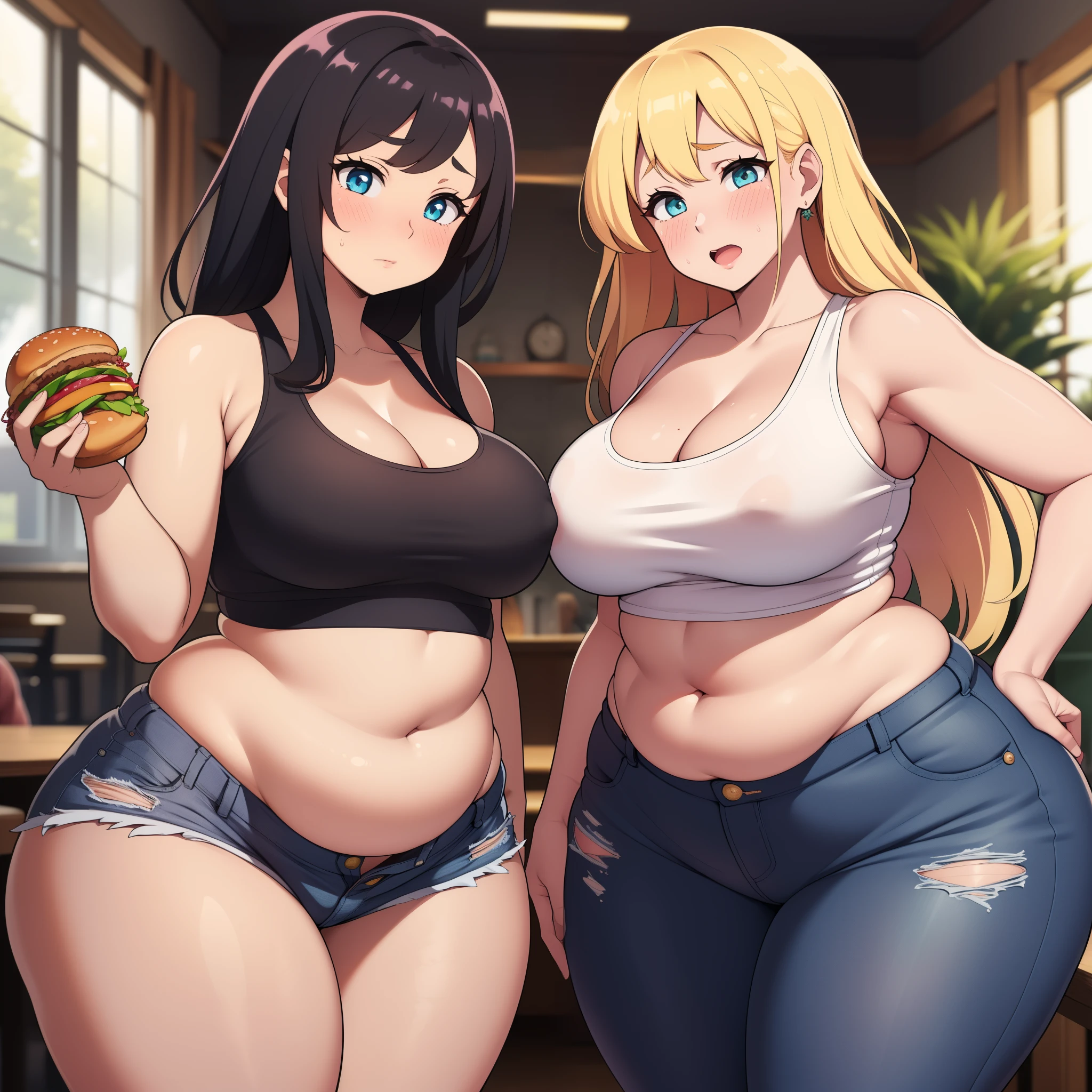 ((high res)), (Masterpiece), perfect anatomy, perfect shading, field of depth, (best quality), extremely delicate and beautiful, perfect lighting, detailed face, ultra cute face, cute, (cowboy shot 1.2), full body, (((2girls))), ((2 girls 1 and 2))
Girl 1: has long hair, fluffy hair, blonde hair, blue eyes, ((blush)), embarrassed (crop top 1.2), (jean shorts 1.2), extremely tight clothes, medium breasts, cleavage, perky breasts, ((wide hips)), (thick thighs), (chubby), pudgy belly, fat rolls, belly hang,
Girl 2: has short hair, fluffy hair, brown hair, green eyes, ((blush)), embarrassed, (white tank top 1.2), (jeans 1.2), extremely tight clothes, medium breasts, cleavage, perky breasts, (((wide hips))), ((thick thighs)), (plump), chubby belly, fat rolls, belly hang, she has a jiggly belly,
Fast food restaurant, intricate background, detailed background, girls are standing next to each other,
