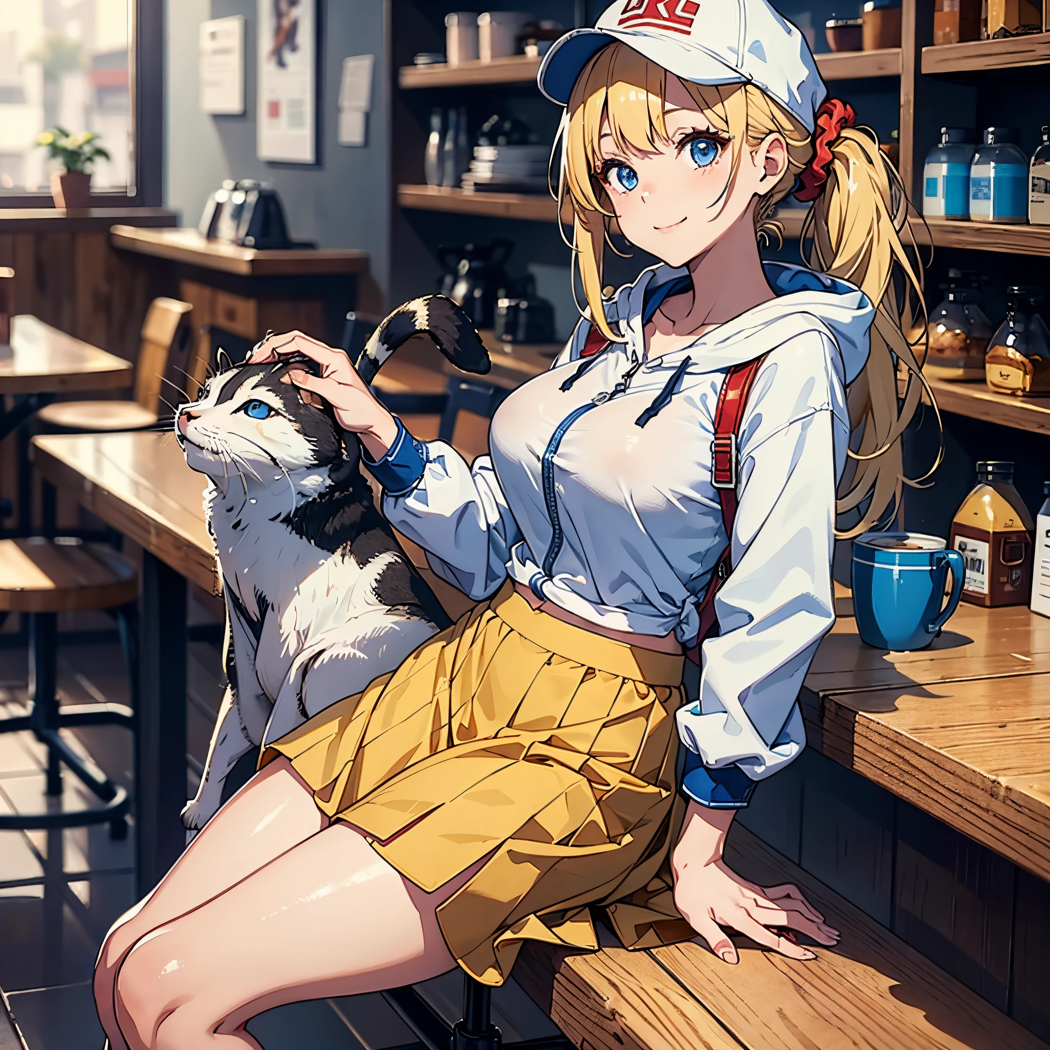 ((Best Quality, 8K, Masterpiece:1.3)), Focus: 1.2, Perfect Body Beauty: 1.4, BREAK 1girl, solo, blonde hair, little smile, blue eyes, Side ponytail, hair scrunchie, hair ornament, blue scrunchie, Swept bangs, big breasts, Extended language, shiny_skin, voluptuous body, 10 heads tall, BREAK Front-button chino long skirt, CASQUETTE, waffle pullover, hooded waistcoat, sneaker, in coffee shop, sitting chair, portrait