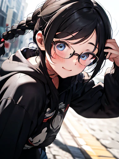 One lady, The best smile, Dye your cheeks red, Japan people in their 20s, (A dark-haired, Short Bob Hair, emphasize curly hair, The whole hair has strong waves, With bangs, Two braids in the back of the hair(Length to the waist), attach hairpins to bangs), (thick eyebrow, draw thick eyebrows), (drooing eyes, Blue eyes, Blue eyes), Small nose, Thicker lips, (Rimless glasses, Small glasses, glasses for women), Wheat-toned skin, Realistic drawing of the whole body(One right arm, One left arm, One right leg, One left foot, right hand has 5 fingers, left hand has 5 fingers), Wear a white sweater, wearing black knee socks, wearing brown boots, (Looking at the camera, Front of camera, Look at viewers, Front attitude, Turn your face to the viewer, face forwards).
