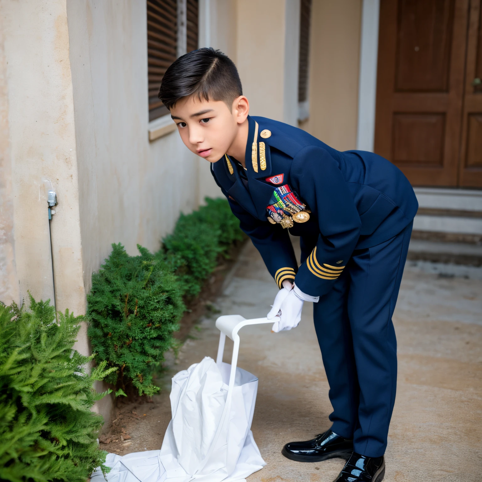 A beautiful young man in uniform leaks diarrhea outside.