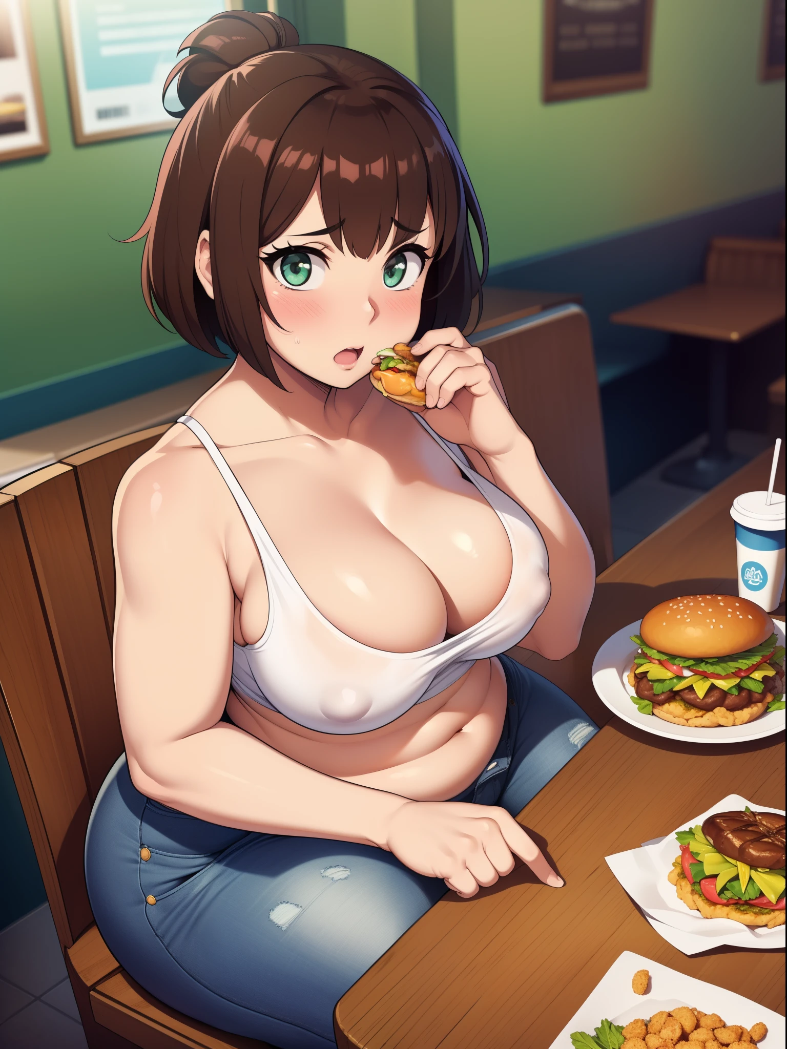 ((high res)), (Masterpiece), perfect anatomy, perfect shading, field of depth, (best quality), extremely delicate and beautiful, perfect lighting, detailed face, ultra cute face, cute, (cowboy shot 1.2), (from above 1.2)), looking at viewer, full body, ((1girl)), ((solo)),

has short hair, fluffy hair, brown hair, green eyes, ((blush)), embarrassed, surprised, (white tank top 1.2), (jeans 1.2), extremely tight clothes, medium breasts, cleavage, perky breasts, (((wide hips))), ((thick thighs)), (chubby), chubby belly, fat rolls, belly hang,

Fast food restaurant, intricate background, detailed background, sitting at table, food on table,