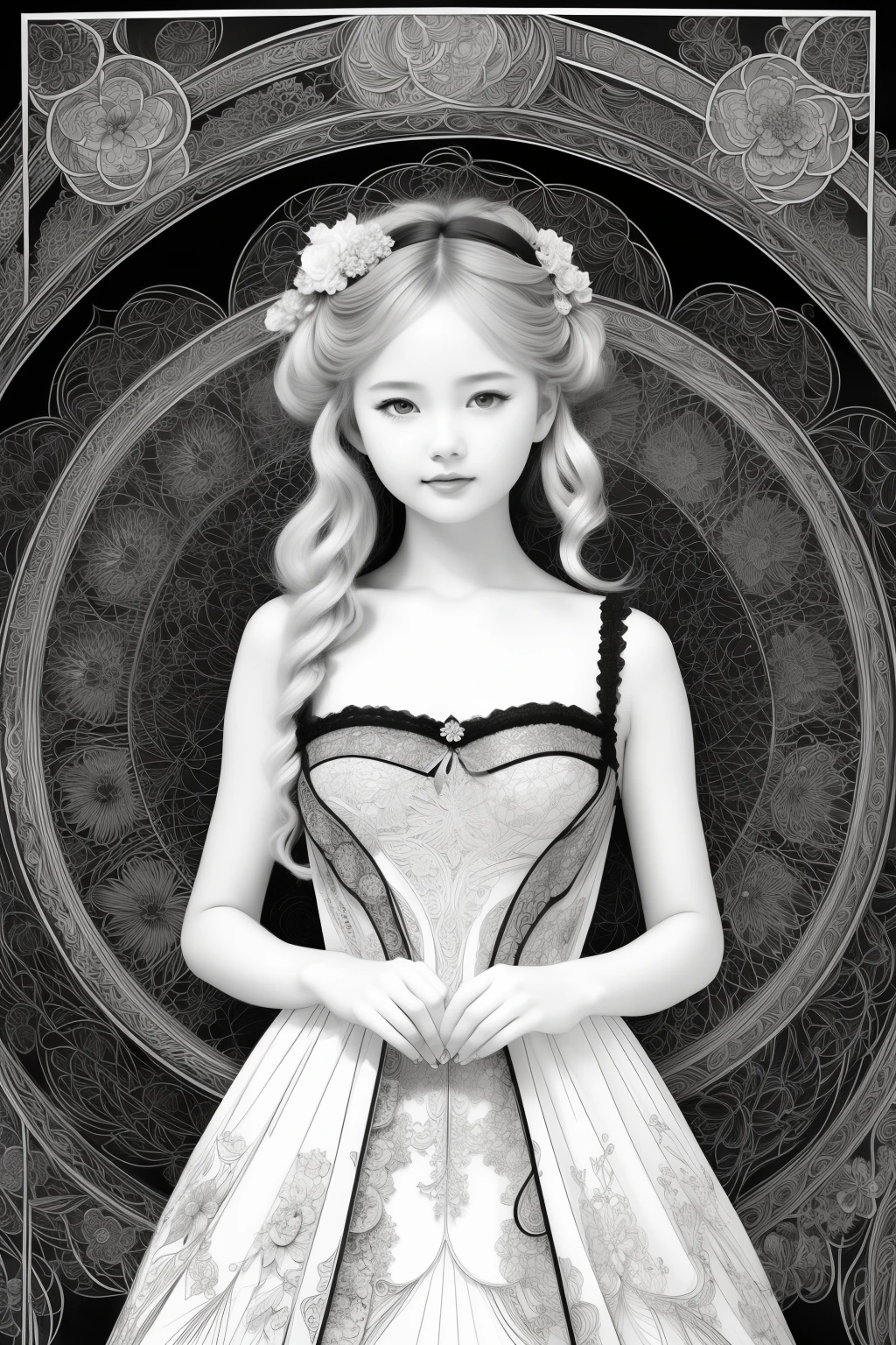 drawing of a woman in a dress with a fan, extremely fine ink lineart, Beautiful line art, line art!!, line sketch!!, Exquisite Line Art, lineart, perfect lineart, Line Art Illustration, Black & White Line Graphics, loli in dress, Intricate manga drawing, highly detailed exquisite fanart, thick lineart, Rei Kamoi