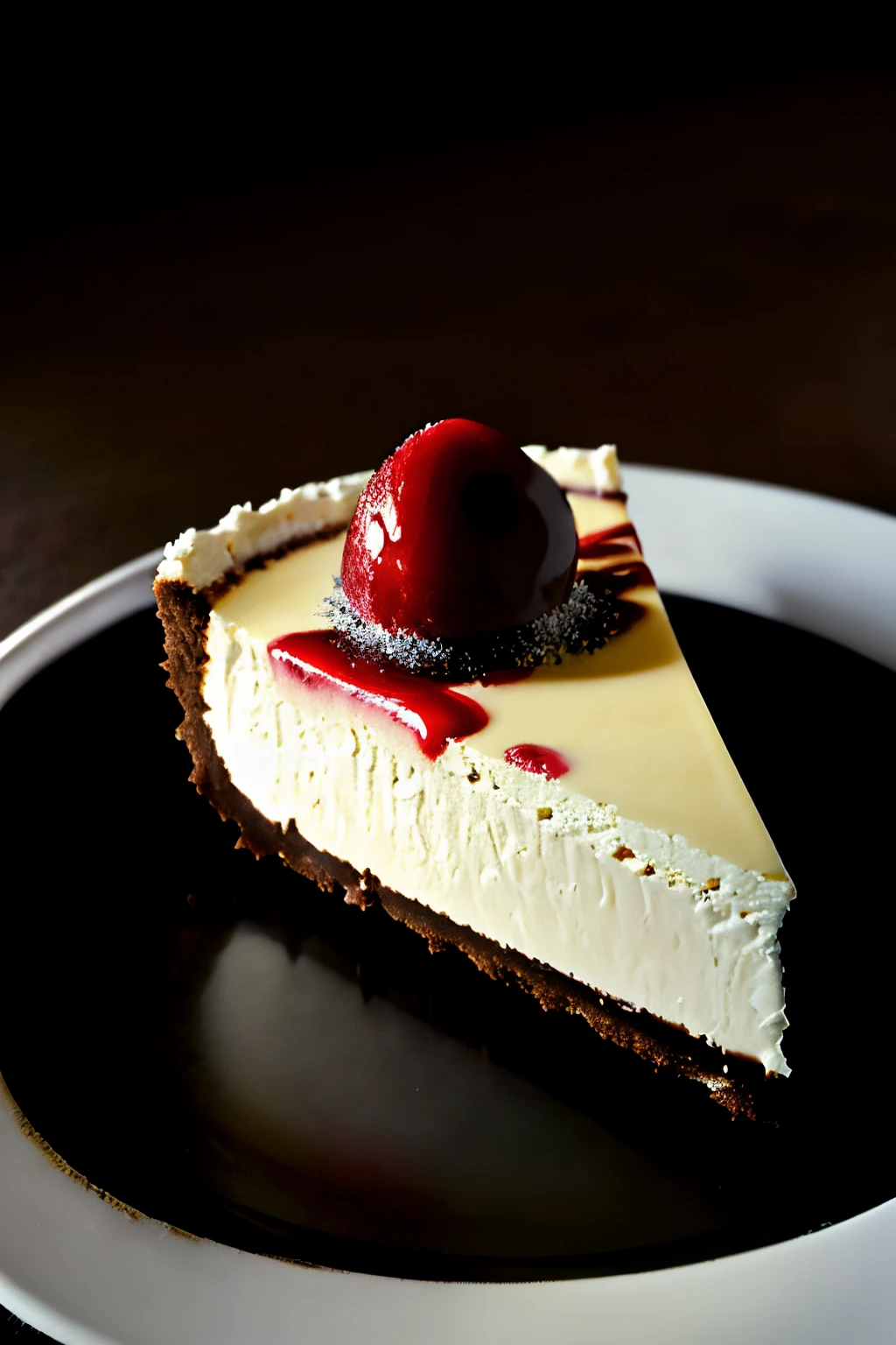 Photorealistic Appetizing slice of cherry cheesecake with chocolate, delicious, fragrant, close-up, highly detailed, intricate detail, raw photo, lifelike rendering, immersive atmosphere, chiaroscuro, moody lighting,