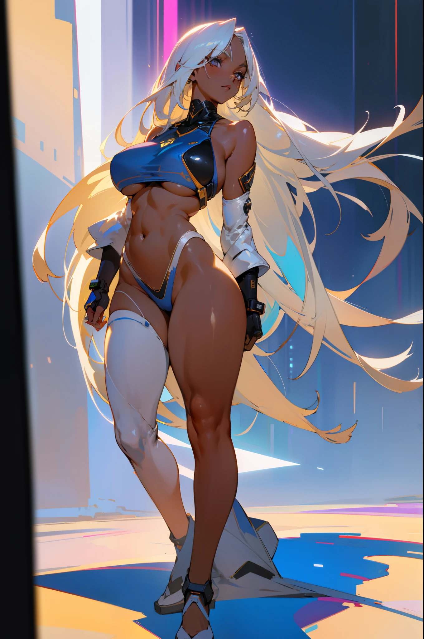 full body shot of 1girl (1girl:1.4) beautiful, perfect eyes, perfect face, perfect lighting, 1girl, long white hair, (large breasts:1.5) wide hips, two-piece bikini (dark skin:1.5) slight smile, absurdres, [perfect shadows and lighting] detailed background, incredible high-key lighting, rich colors, cyberpunk background, accurate, anatomically correct (masterpiece:1.3) ultra detailed illustration, (best quality:1.3), textured skin, high details, award winning, highres, UHD, UHD, UHD, UHD, UHD