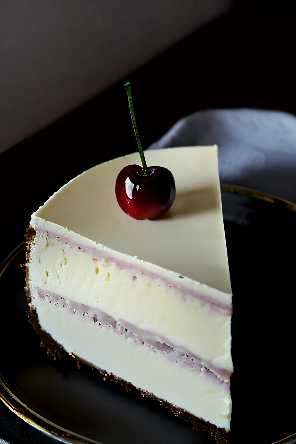 Photorealistic Appetizing slice of cherry cheesecake with chocolate, delicious, fragrant, close-up, highly detailed, intricate detail, raw photo, lifelike rendering, immersive atmosphere, chiaroscuro, moody lighting,