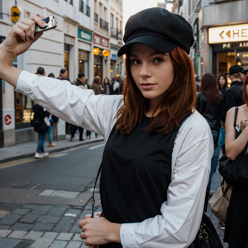 Redhead woman taking a selfie on the street in Madrid with black cap, approximately 19 years. I want it to be the same model that I ordered from you before...