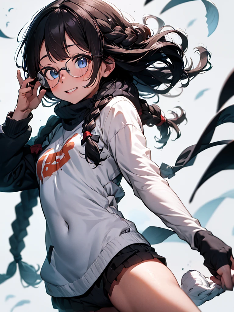 One lady, The best smile, Dye your cheeks red, Japan people in their 20s, (A dark-haired, Short Bob Hair, emphasize curly hair, The whole hair has strong waves, With bangs, Gather the hair in the back with two braids(Length to the waist), attach hairpins to bangs), (thick eyebrow, draw thick eyebrows), (drooing eyes, Blue eyes, Blue eyes), Small nose, Thicker lips, (Rimless glasses, Small glasses, glasses for women), Wheat-toned skin, Realistic drawing of the whole body(One right arm, One left arm, One right leg, One left foot, right hand has 5 fingers, left hand has 5 fingers), Wear a white sweater, wearing black knee socks, wearing brown boots, (Looking at the camera, Front of camera, Look at viewers, Front attitude, Turn your face to the viewer, face forwards).