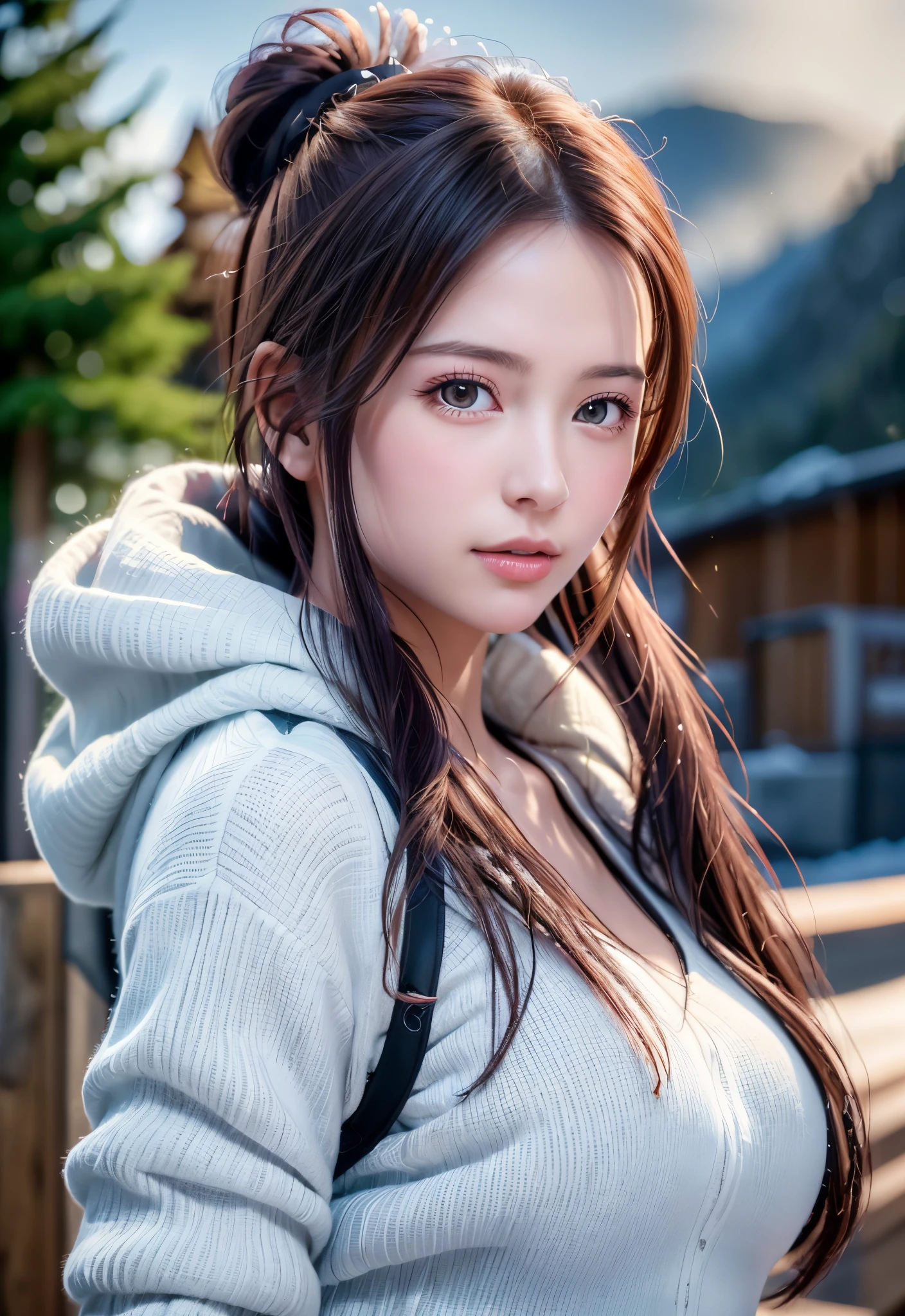 8K, of the highest quality, masutepiece:1.2), (Realistic, Photorealsitic:1.37), of the highest quality, masutepiece, Beautiful young woman, Pensive expression,、A charming、and an inviting look, skiing、snowboarder、Ski Wear, Hair tied back, Cinematic background, Light skin tone、Ski Resort Background