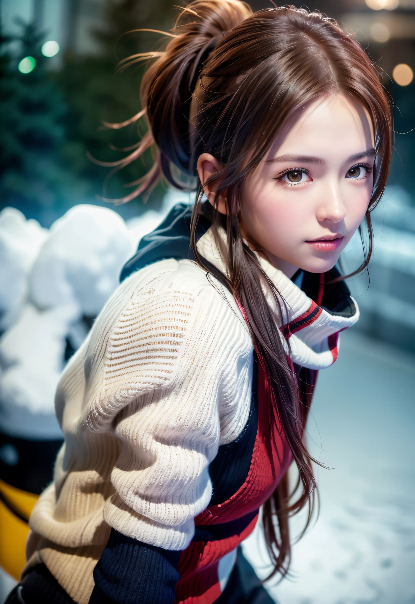 8K, of the highest quality, masutepiece:1.2), (Realistic, Photorealsitic:1.37), of the highest quality, masutepiece, Beautiful young woman, Pensive expression,、A charming、and an inviting look, skiing、snowboarder、Ski Wear, Hair tied back, Cinematic background, Light skin tone、Ski Resort Background