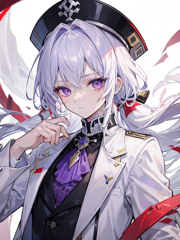 18-year-old male、white color hair、long、tailcoat、tics、Hats、Injured、Clothes are slightly damaged、The arms were wrapped in bandages、Slight bleeding all over the body、grim facial expression、Decadence background,a purple eye,male people