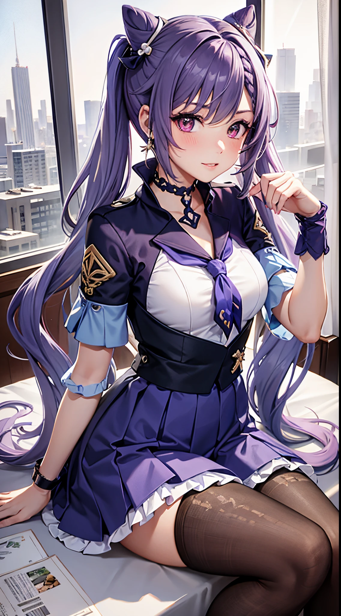 The painting style is soft, childish and cute, rich in ancient style, flowing and moving, full of flesh, girly heart, sweet and lovely, flight attendant uniform, simple atmosphere, loose and comfortable, purple tone, bright and soft lighting. The figure is fat