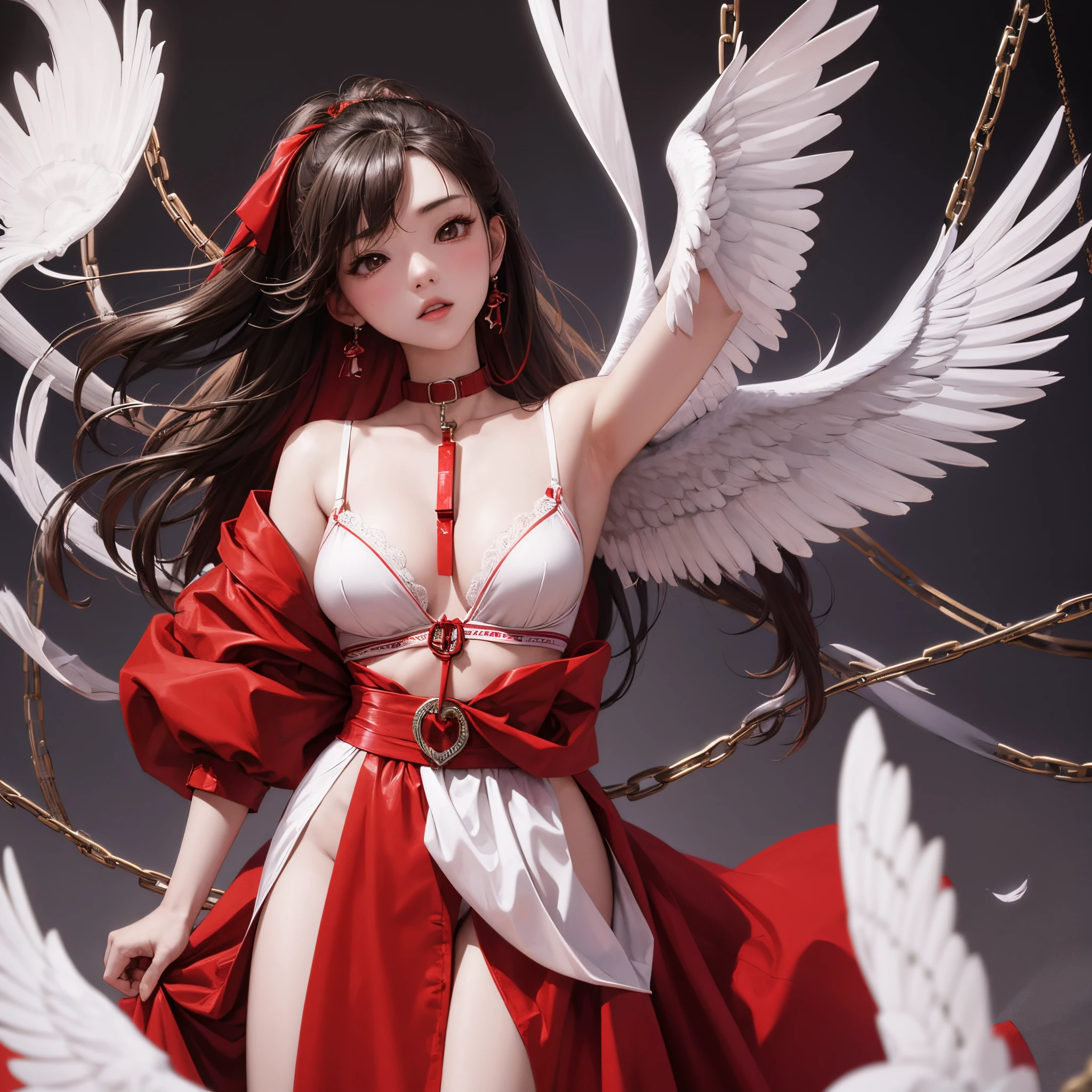 asian angel girl，Be red in the face，shy，White wings，white bra，Many elderly men gathered around，hands tied behind her back，The body is bound by chains，Prison background，spanking，Slap in the face，Leather whip，