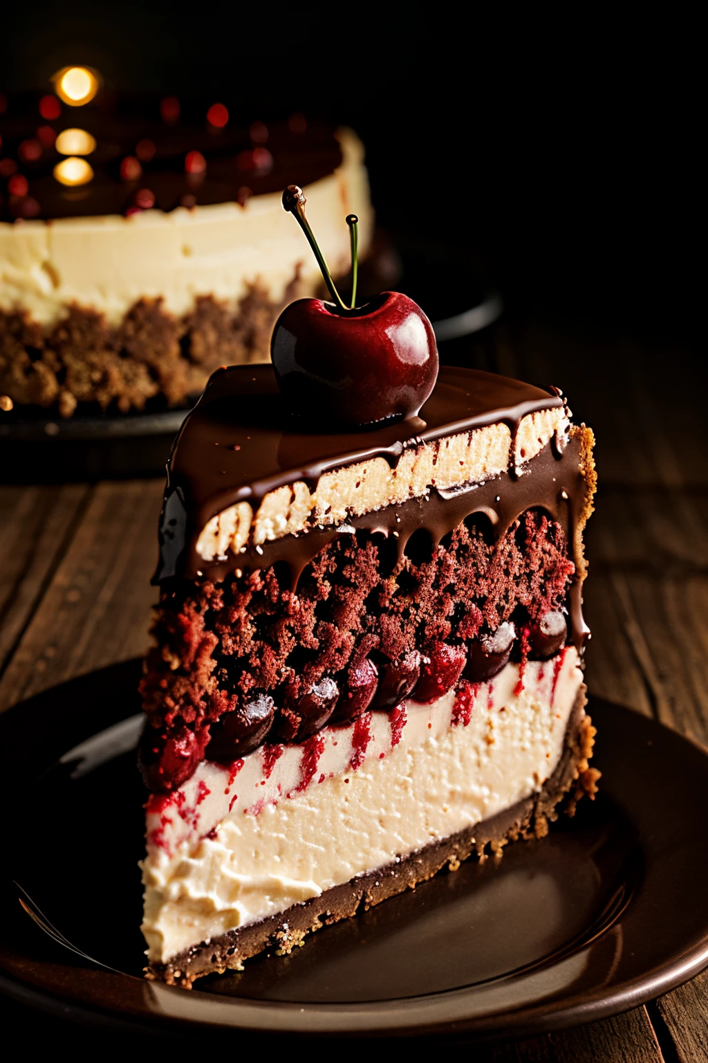 Photorealistic Appetizing slice of cherry cheesecake with chocolate, delicious, fragrant, close-up, highly detailed, intricate detail, raw photo, lifelike rendering, immersive atmosphere, chiaroscuro, moody lighting,
