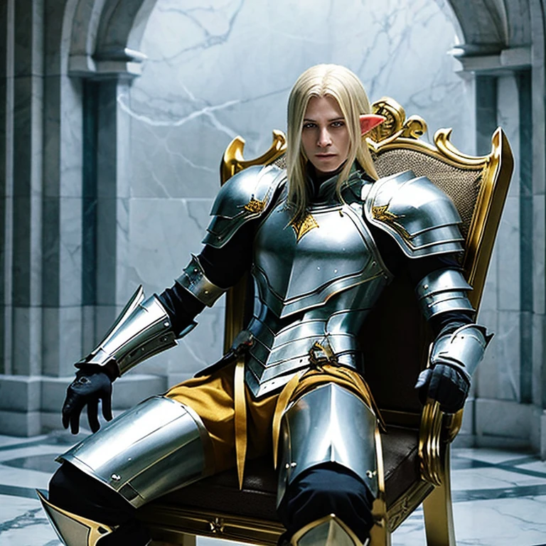 Draw a male Tolkien elf dressed in plate armor sitting on a marble throne........ The aesthetics of the character must be One Piece style.......