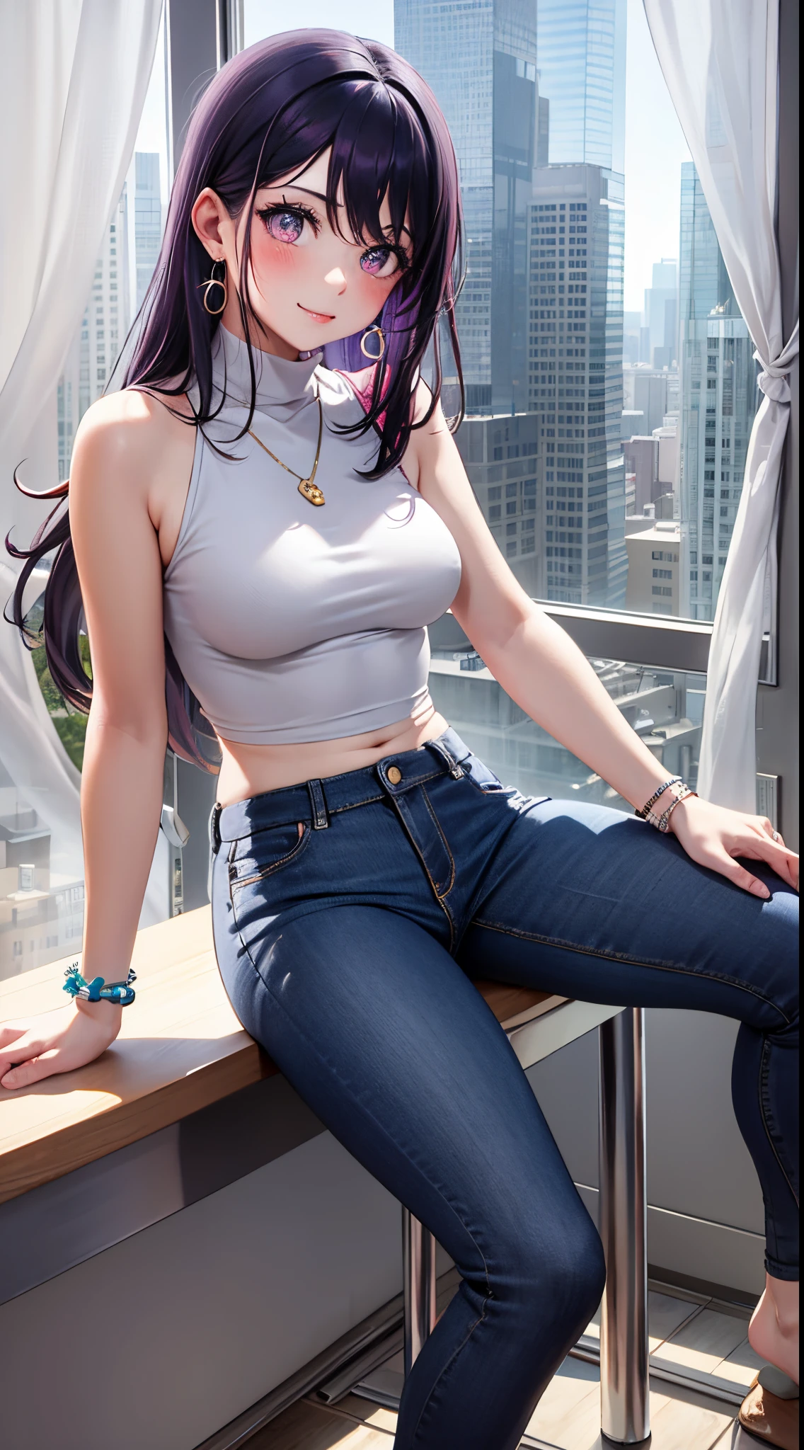 Character Details:, - Gender: 1 Girl.
- Style: Anime, - Body Type: Attractive body, slim body, nice legs, slim tights, nice arms, nice shoulders. - ((Small Breast))
- Facial Features: Beautiful, Gorgeous, Teenager, Fresh, Young.
- Expression: Teeth Smile, Pink Blush on Face, Sexy Eyes, Sexy Look, Innocent Look, Tipsy.
- Clothing: (Turtle Neck), (Jeans). - Body Pose: Sitting.
- Behaviour: Waiting, Want Something, Secretly.
- Accessories: Earrings., Environmental Details:, - Setting: Office Room., - Lighting: Natural Light., - Decoration: Modern Office Desk, Chair, Window, White Curtain, City View., pov, anime style, UHD, retina, masterpiece, accurate, anatomically correct, textured