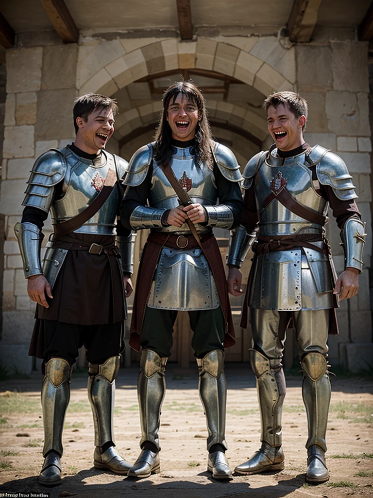 Three Medieval Roman male soldiers wearing battle blood smeared armor, laughing on a joke, background: medieval battle field