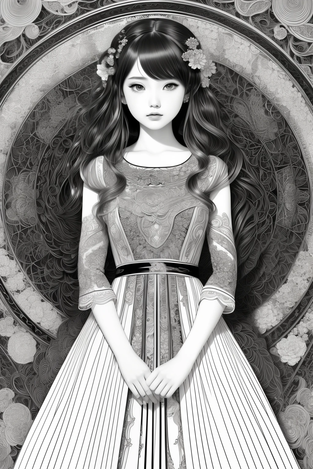 drawing of a woman in a dress with a fan, extremely fine ink lineart, Beautiful line art, line art!!, line sketch!!, Exquisite Line Art, lineart, perfect lineart, Line Art Illustration, Black & White Line Graphics, li in dress, Intricate manga drawing, highly detailed exquisite fanart, thick lineart, Rei Kamoi