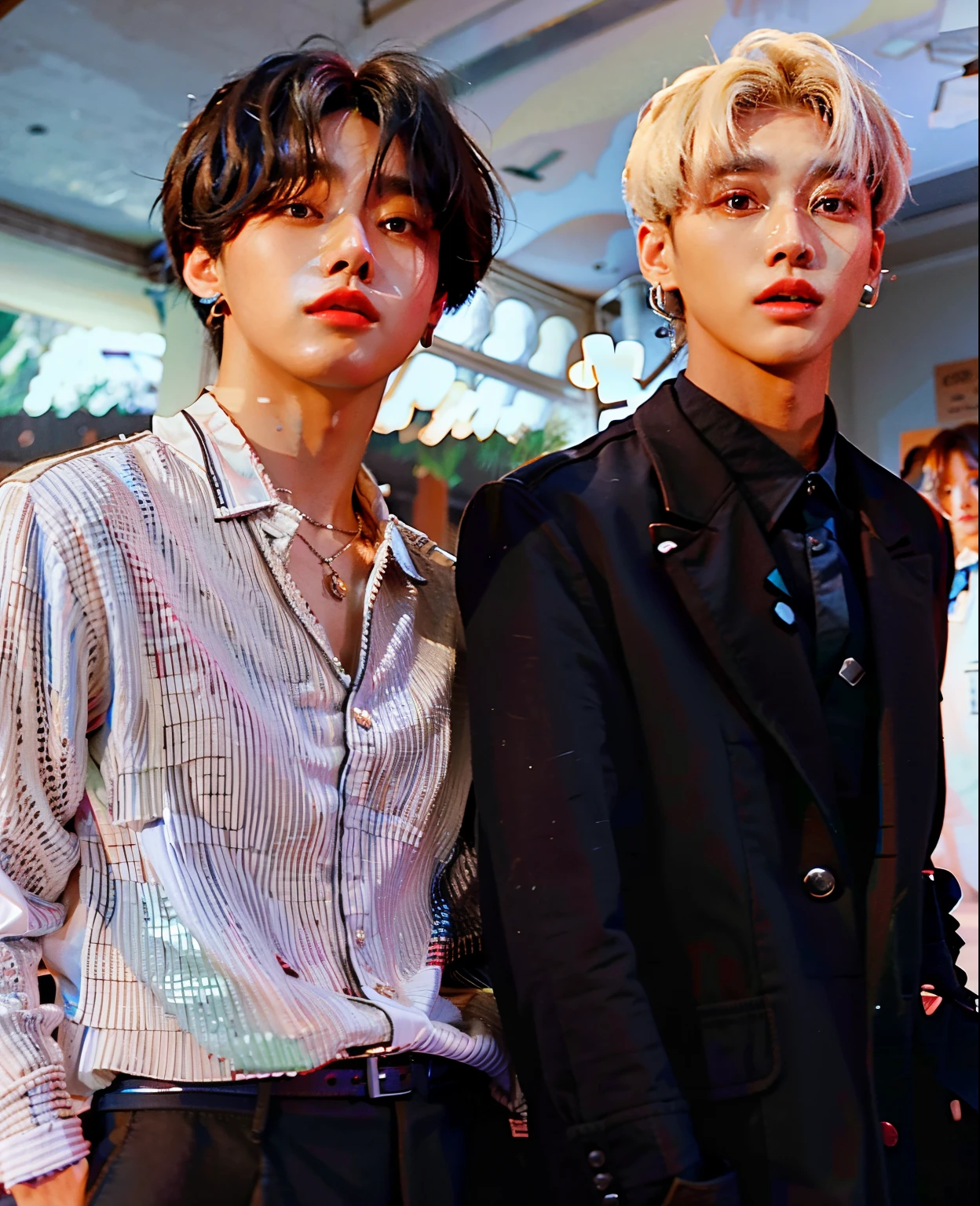 two young people standing next to each other in a room at the MAMA&#39;S, suave en _ Los antecedentes, Seul Corea. they are close to each other, taken in the early 2020s, TXT, Yeonjun y soobin.
