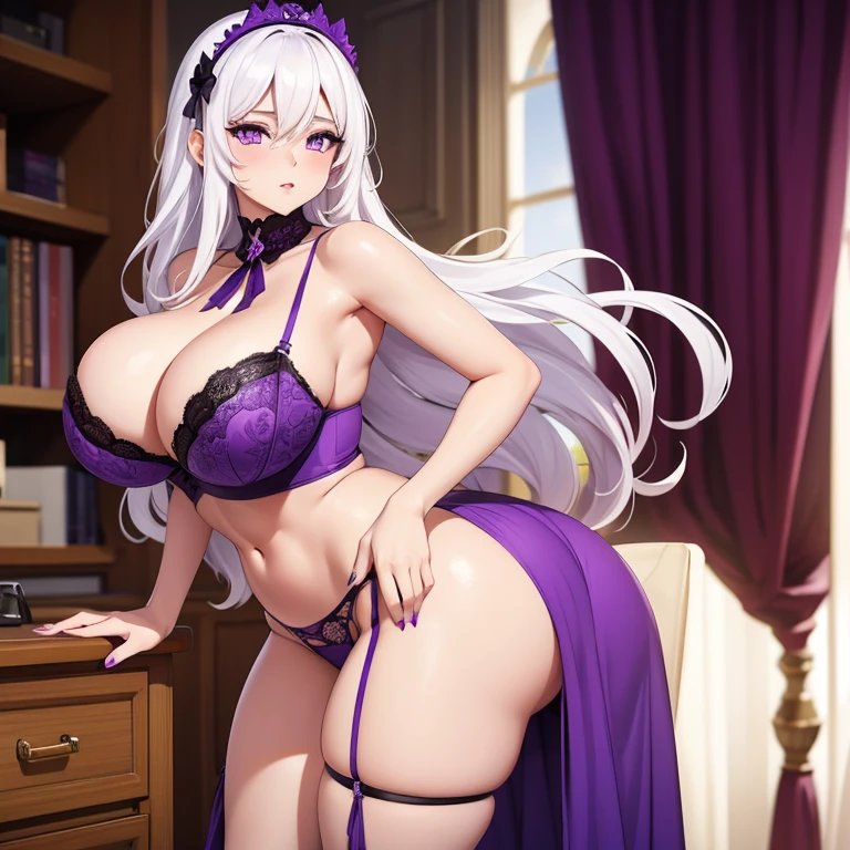 a sexy girl, Long white hair, Bright purple eyes, Huge-breasts, wide hips, big booty, sexy lingerie