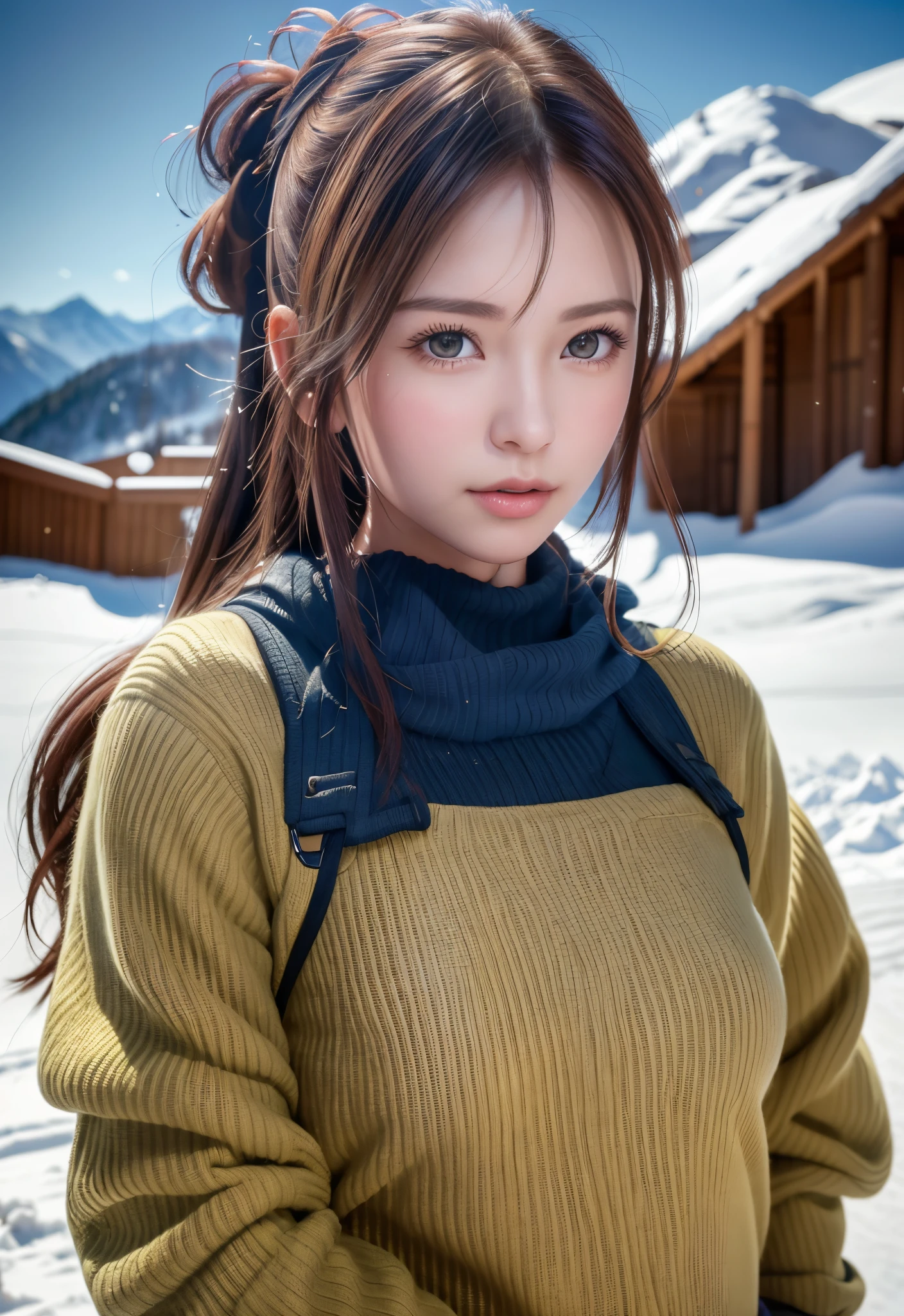 8K, of the highest quality, masutepiece:1.2), (Realistic, Photorealsitic:1.37), of the highest quality, masutepiece, Beautiful young woman, Pensive expression,、A charming、and an inviting look, skiing、snowboarder、Ski Wear, Hair tied back, Cinematic background, Light skin tone、Ski Resort Background