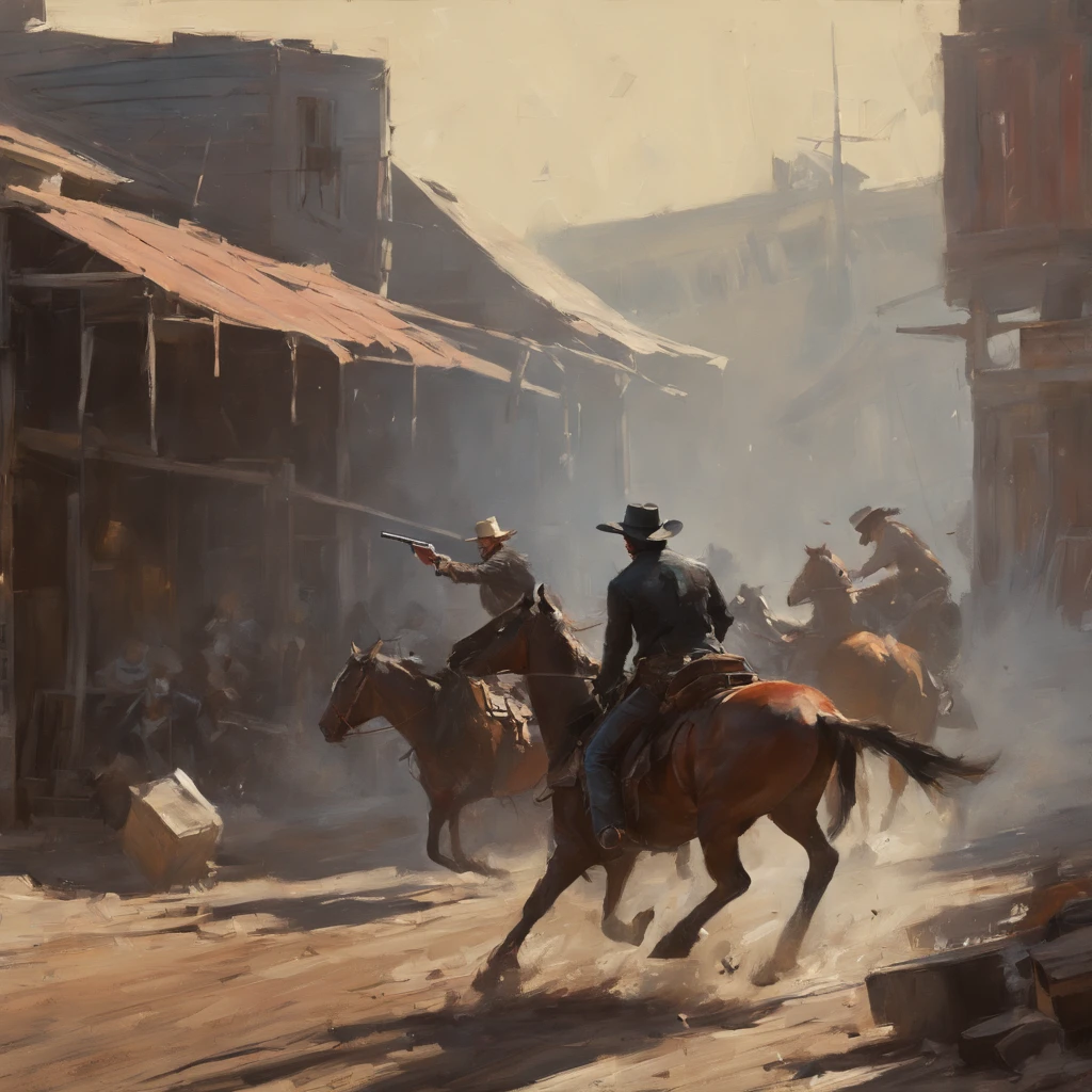 ntricate dynamic action shot of cowboy in a shootout, cinematic Steve Henderson Fabian Perez Henry Asencio Jeremy Mann Marc Simonetti Fantasy, red dead redemption 2 atmosphere, cinematic, #photograph