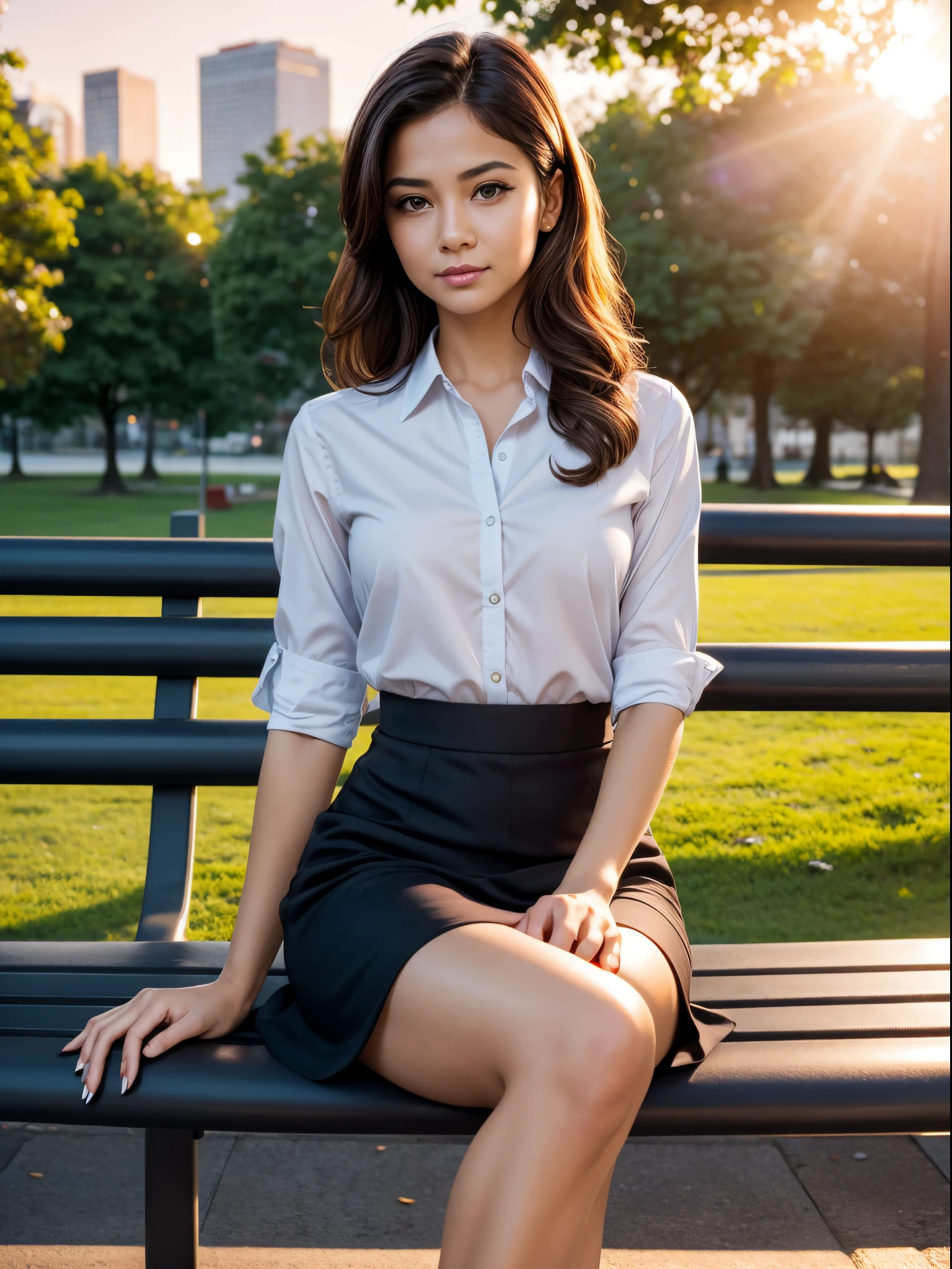 ****ung and beautiful sexy office lady, random hairstyle, random hair colour, detailed eyes, random office attire. sitting on a park bench, in the park, sunset