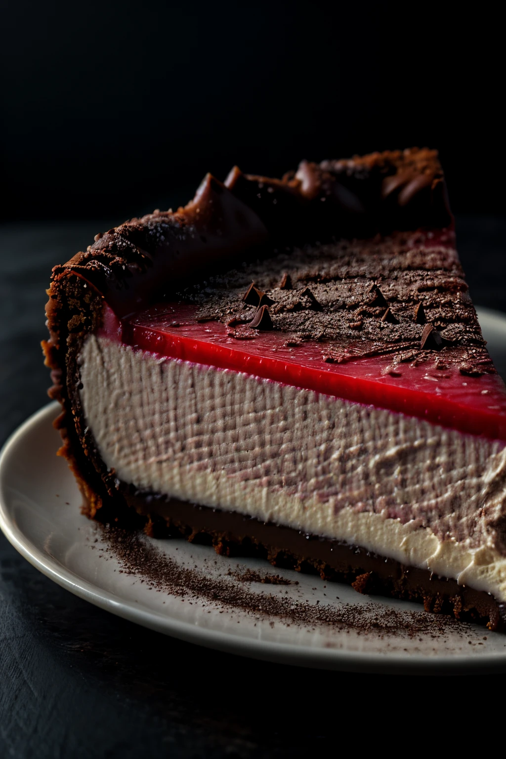 Photorealistic Appetizing slice of cherry cheesecake with chocolate, delicious, fragrant, close-up, highly detailed, intricate detail, raw photo, lifelike rendering, immersive atmosphere, chiaroscuro, moody lighting,