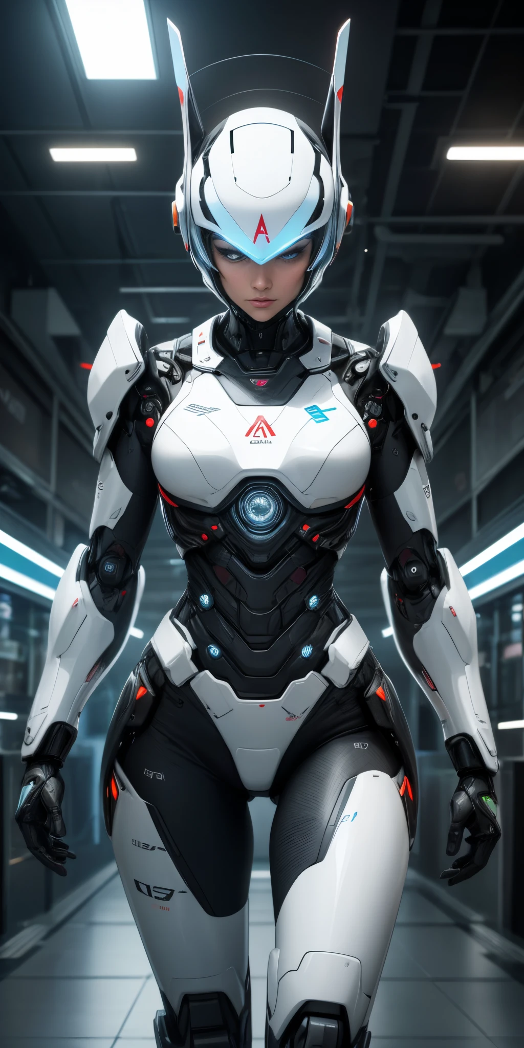 A robot with a human appearance, Alison Tyler with well-defined and expressive facial features, como sobrancelhas, olho, nariz e boca. A foto poderia ser tirada em um ambiente futurista, with neon lights and advanced technology in the background, to convey the idea that it is artificial intelligence, with 8k resolution and very realistic appearance