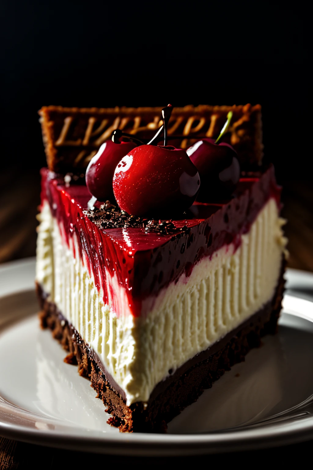 Photorealistic Appetizing slice of cherry cheesecake with chocolate, delicious, fragrant, close-up, highly detailed, intricate detail, raw photo, lifelike rendering, immersive atmosphere, chiaroscuro, moody lighting,