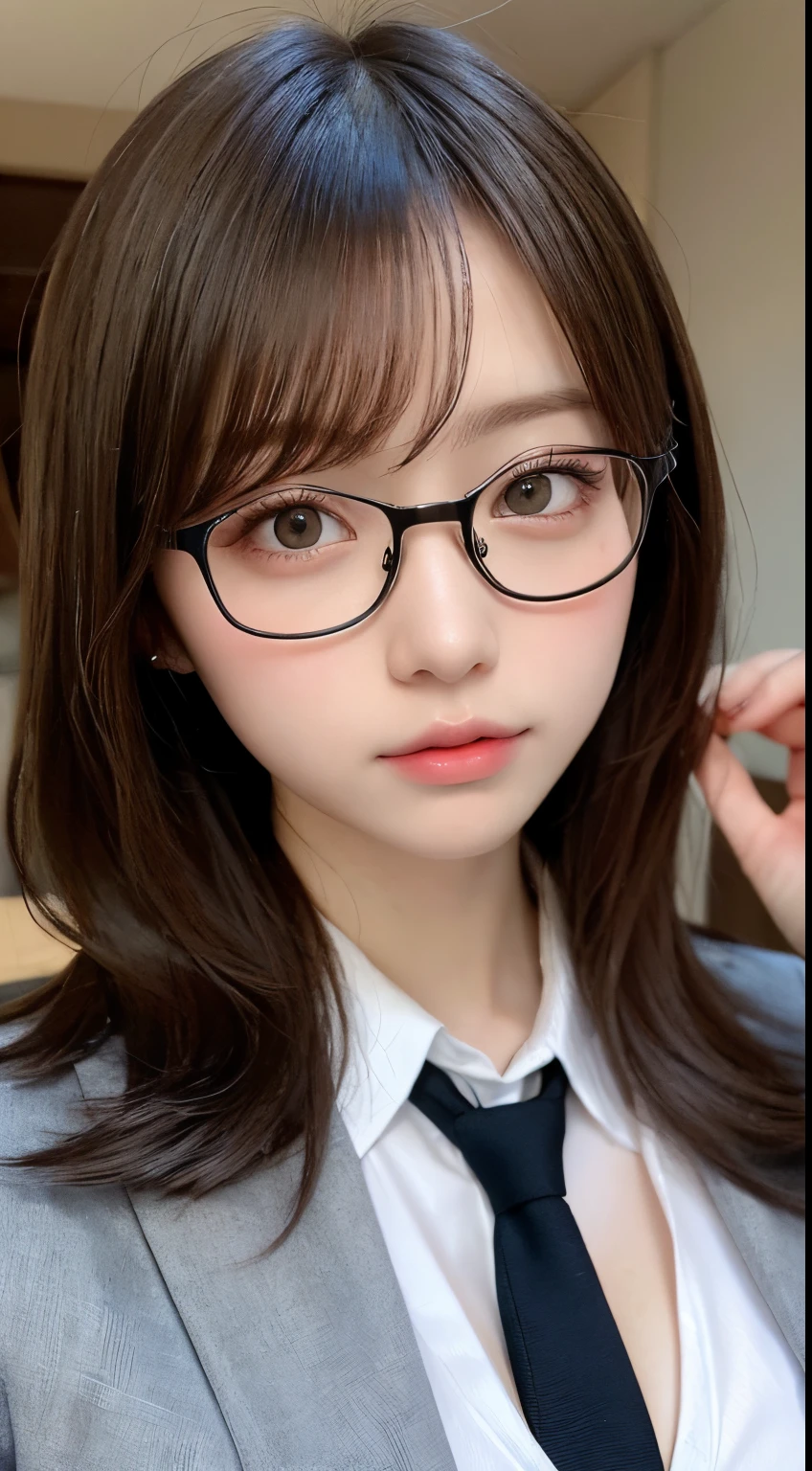 masutepiece, Best Quality, Illustration, Ultra-detailed, finely detail, hight resolution, 8K Wallpaper, Perfect dynamic composition, Beautiful detailed eyes, Natural Lip,Blazer ,School uniform, cleavage, Full body,full body Esbian,kawaii girl,smaller face,Hyper-detailing,Intelligent glasses
