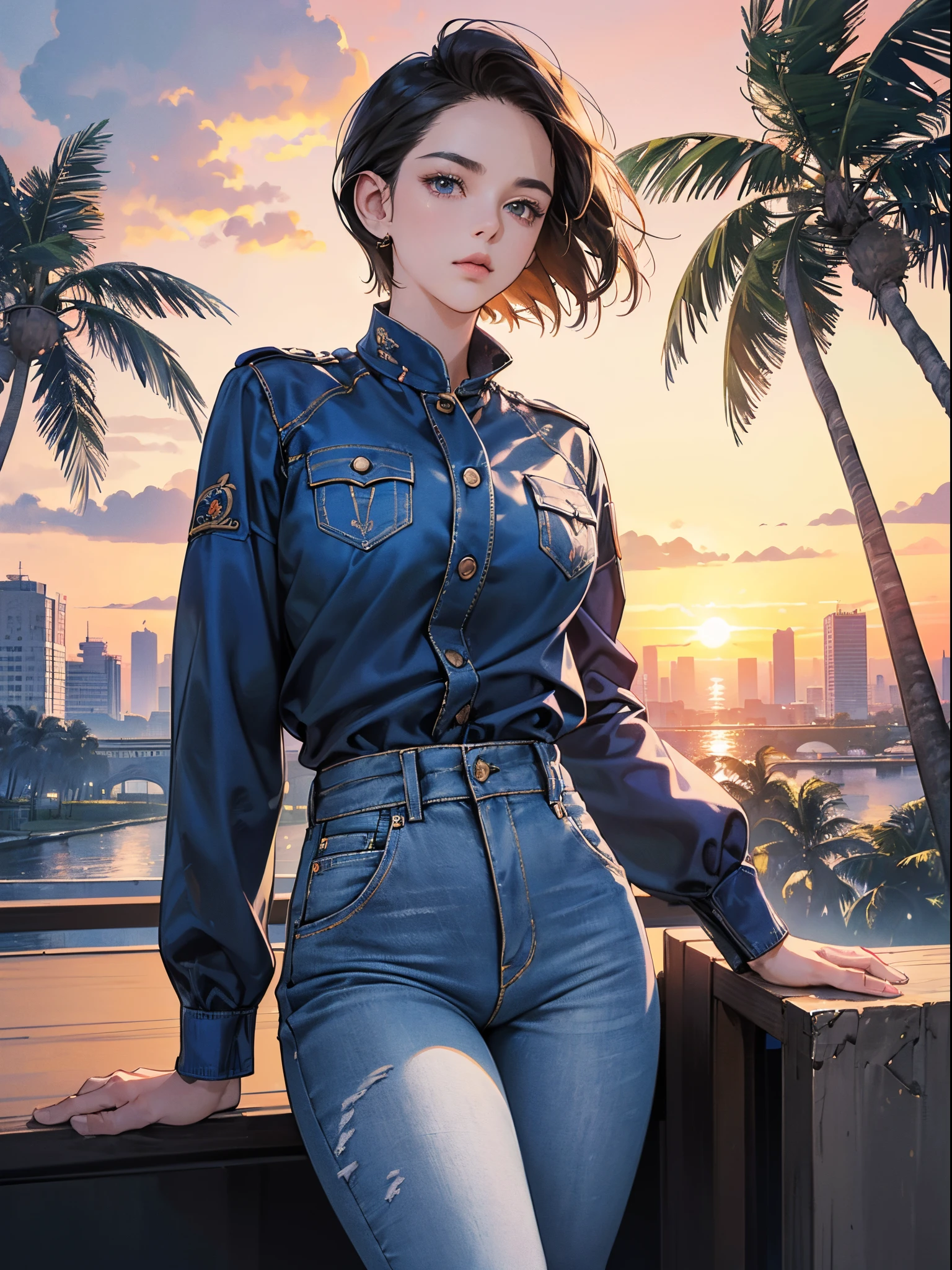 orange and royal blue tones、Vibrant colors、((​masterpiece)))、(((top-quality)))、((ultra-detailliert))、(A hyper-realistic)、(highly detailed CGillustration）、Official art、CD cover、urbane、City Pop、Palm trees、Sunset beach、short-cut、It will be、Cool feeling、Mid summer、Stylish、glorious 1980s、Cool Beauty、Coquettish、a gorgeous、matchless beauty、blouson、The shirt、Tight jeans、Female Solo、Perfect Angle、perfect-composition