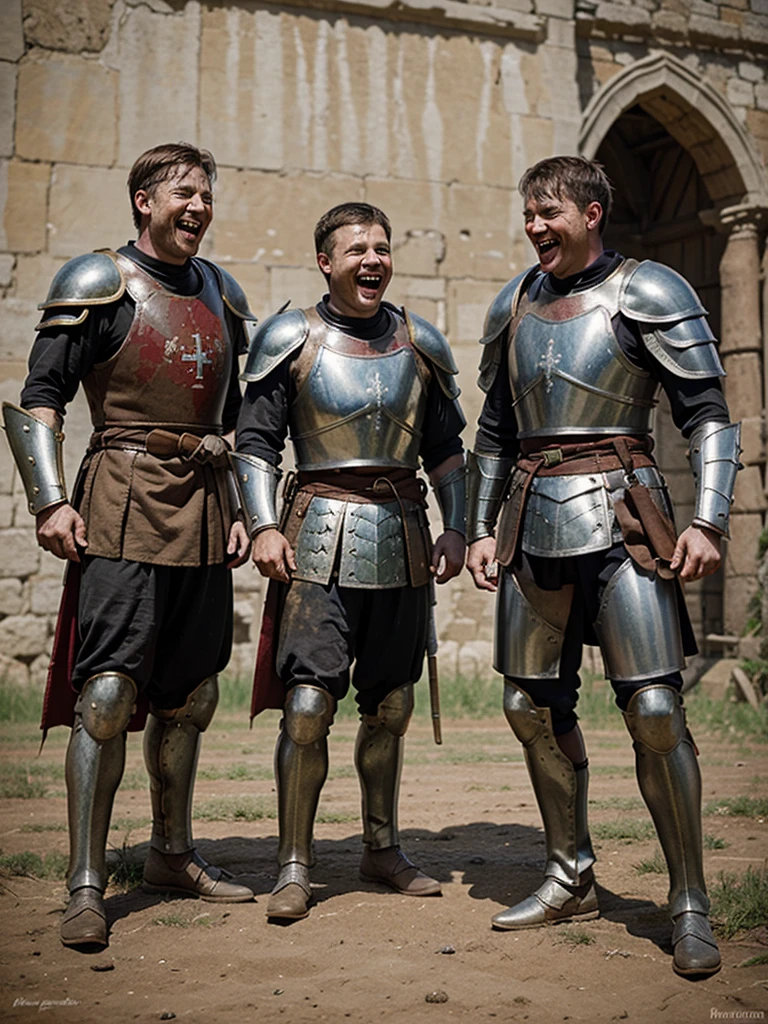 Three Medieval Roman male soldiers wearing battle blood smeared armor, laughing on a joke, background: medieval battle field ((realistic)) ((painting))