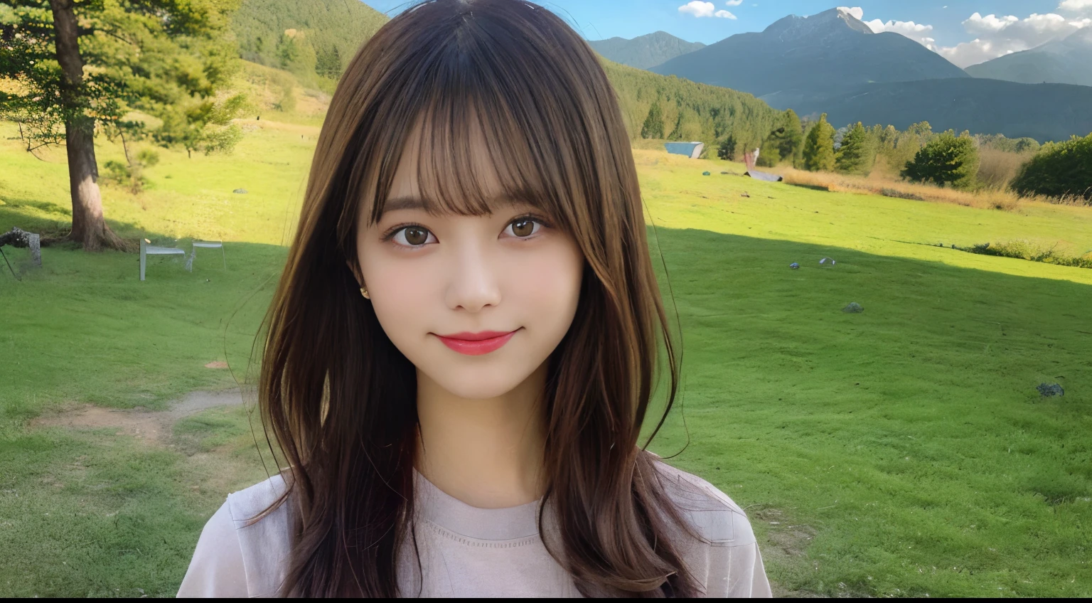masutepiece, Best Quality, Illustration, Ultra-detailed, finely detail, hight resolution, 8K Wallpaper, Perfect dynamic composition, Beautiful detailed eyes, She is wearing a plain olive long sleeve T-shirt,Medium Hair,Natural Color Lip, Smile,Harajuku、20 years girl、Cute、is looking at the camera、C Cup、Brown hair、caste-like face、100 moves%not reflected、Blurred mountain campsite background