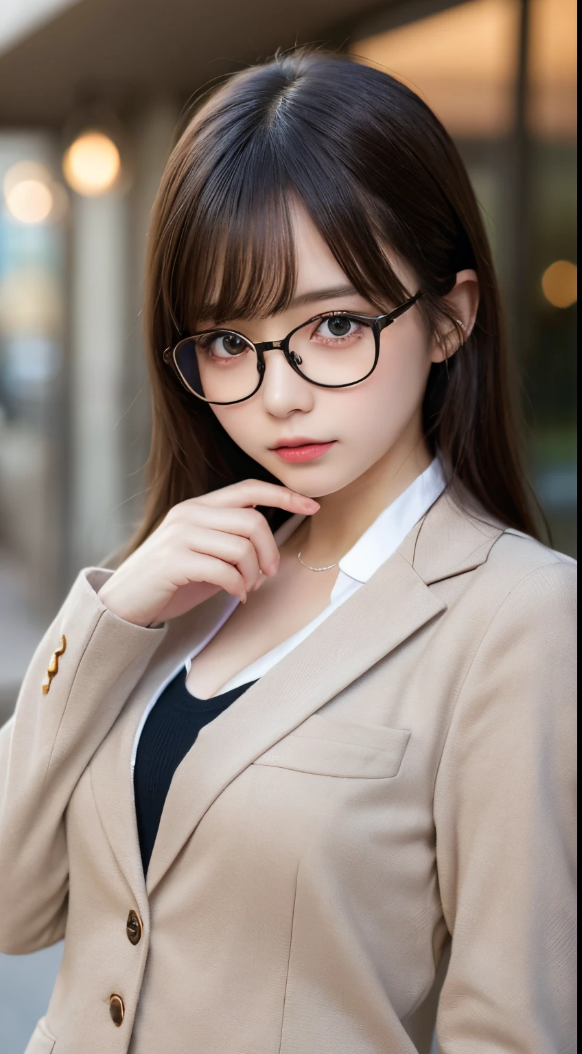 masutepiece, Best Quality, Illustration, Ultra-detailed, finely detail, hight resolution, 8K Wallpaper, Perfect dynamic composition, Beautiful detailed eyes,  Natural Lip,Blazer ,School uniform, cleavage, Full body，full body Esbian，kawaii girl，smaller face，Hyper-detailing，Intelligent glasses