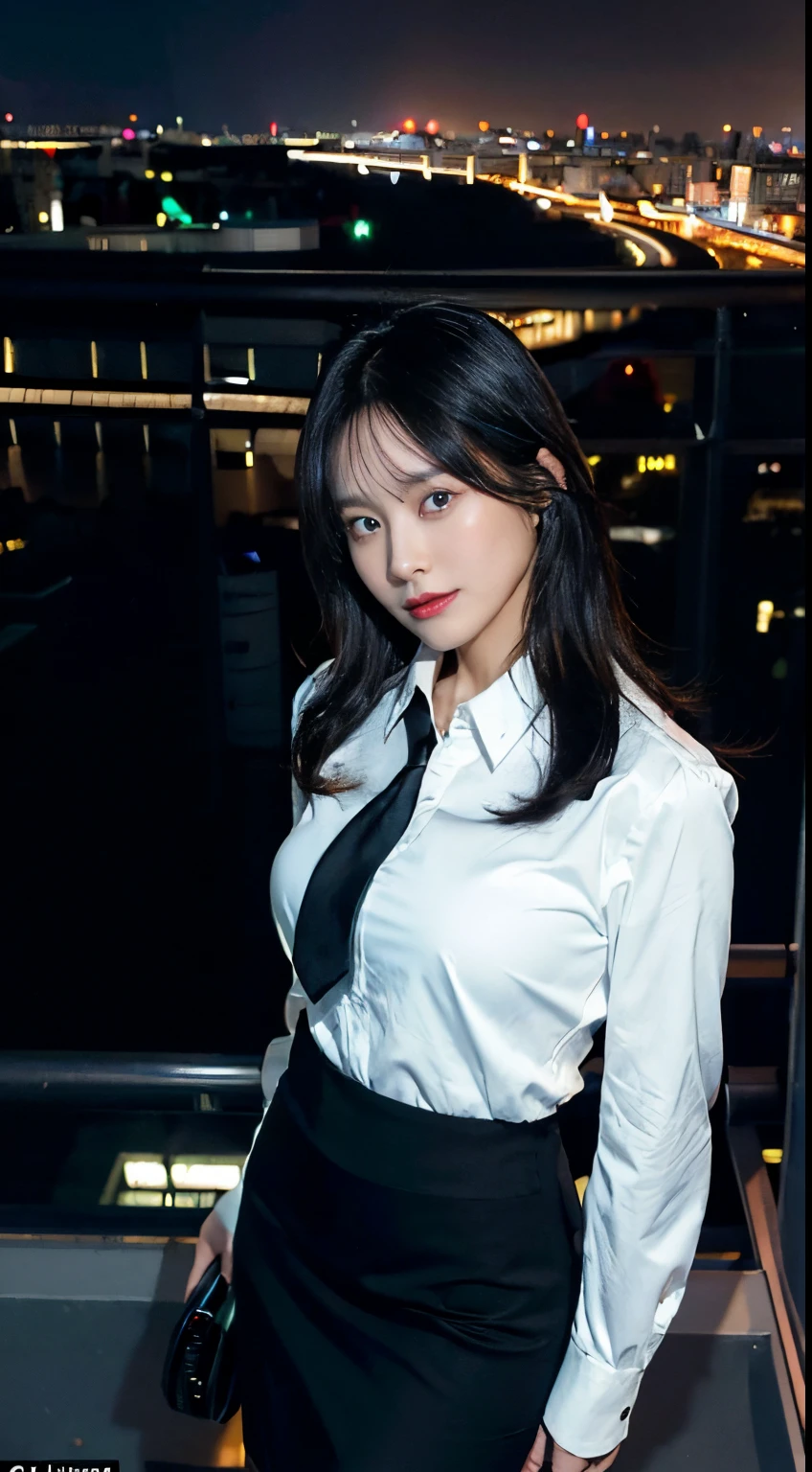 contemporary (cityscape city lights:1.2), night sky, dutch angle,
(1girl solo:1.2), cowboy shot (from above:1.2), looking at viewer, (confused:1.2),
walking on (magic circle:1.2) rooftop, face overlooking, skinny,
(black:1.1) medium hair, black (glowing eyes:1.1), head tilt, large breasts,
business suit, black open jacket pencil (skirt:1.1), black necktie on white shirt, thighs,