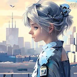 1girl, short grey hair, blue eyes, wearing plain white shirt, city, absurdres, high res, 8K, masterpiece, looking at viewer