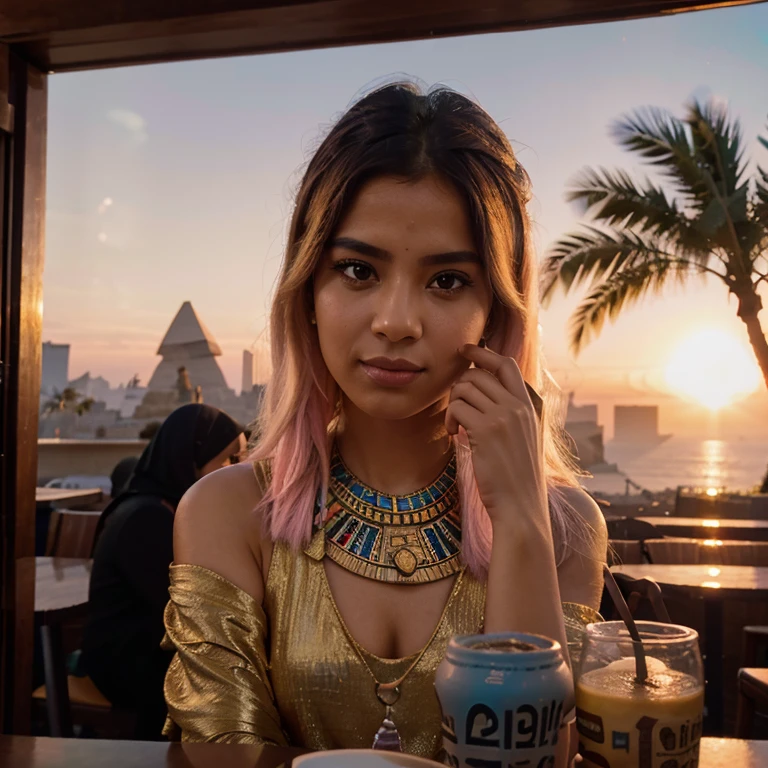 Ancient Egyptian taking a selfie at a cafe, sunrise, fisheye lens, establishing shot, pastel color grading, depth of field cinematography effect, film noir genre, 8k resolution, high quality, ultra detail