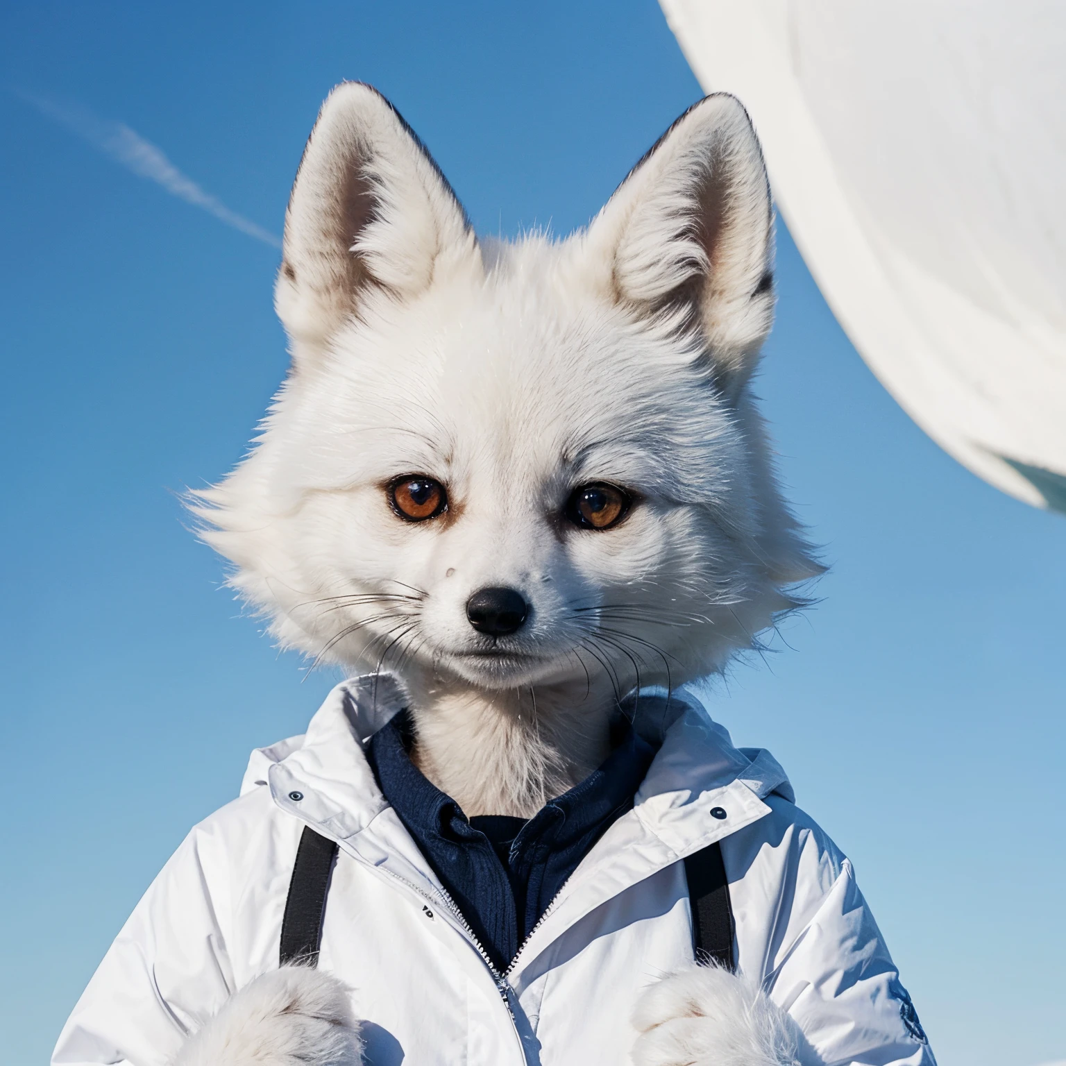 A circle profile picture of an anthropomorphic Arctic Fox with red eyes giving a thumbs up. Cartoon style
