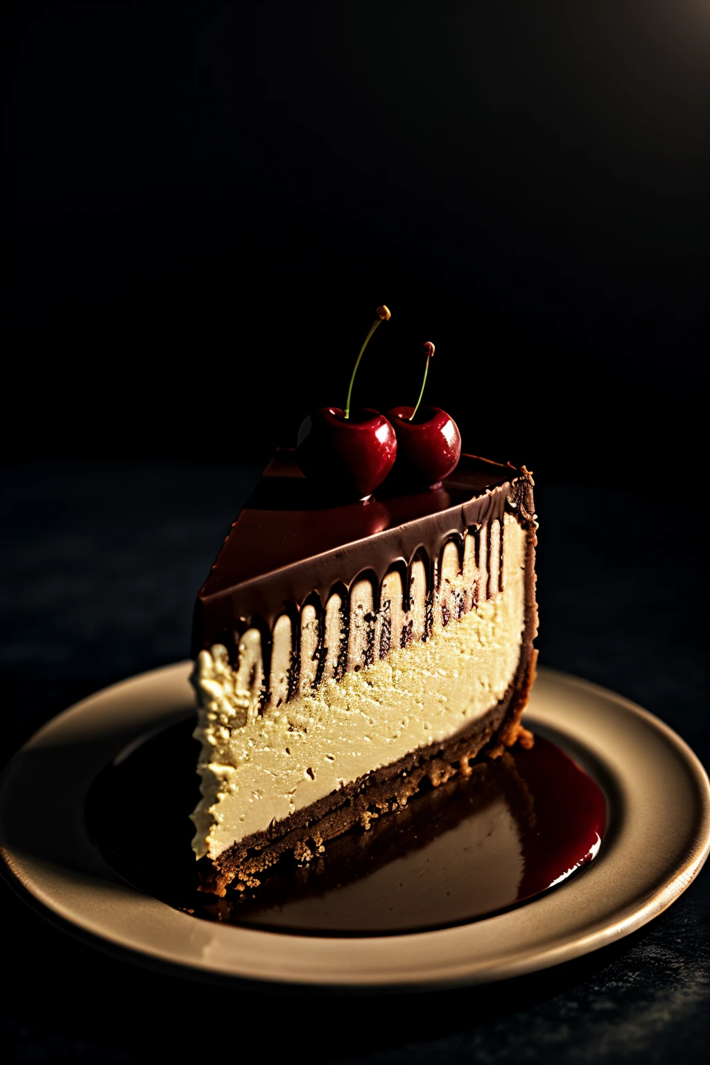 Photorealistic Appetizing slice of cherry cheesecake with chocolate, delicious, fragrant, close-up, highly detailed, intricate detail, raw photo, lifelike rendering, immersive atmosphere, chiaroscuro, moody lighting,