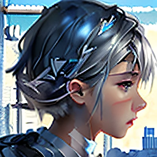1fille, cheveux gris courts, yeux bleus, portant une chemise blanche unie, ville, absurdes, high resolucion, 8k, Masterpiece, Regarder le spectateur