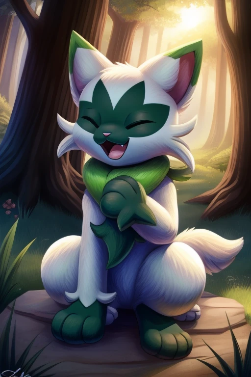 Floragato, furry pokemon, cat, feet, stopped position, only, (Body fur:1.2), (Best quality), (Detailed fluffy fur:1.1), closed eyes, Animal hands, tail, eyes closed, smiling, background of forests, shiny, laughing, female, solo