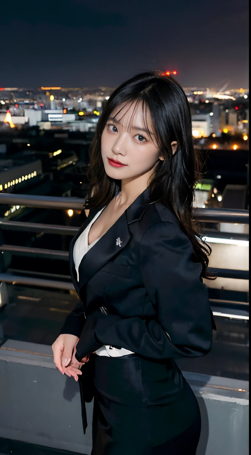contemporary (cityscape city lights:1.2), night sky, dutch angle,
(1girl solo:1.2), cowboy shot (from above:1.2), looking at viewer, (confused:1.2),
walking on (magic circle:1.2) rooftop, face overlooking, skinny,
(black:1.1) medium hair, black (glowing eyes:1.1), head tilt, large breasts,
business suit, black open jacket pencil (skirt:1.1), black necktie on white shirt, thighs,