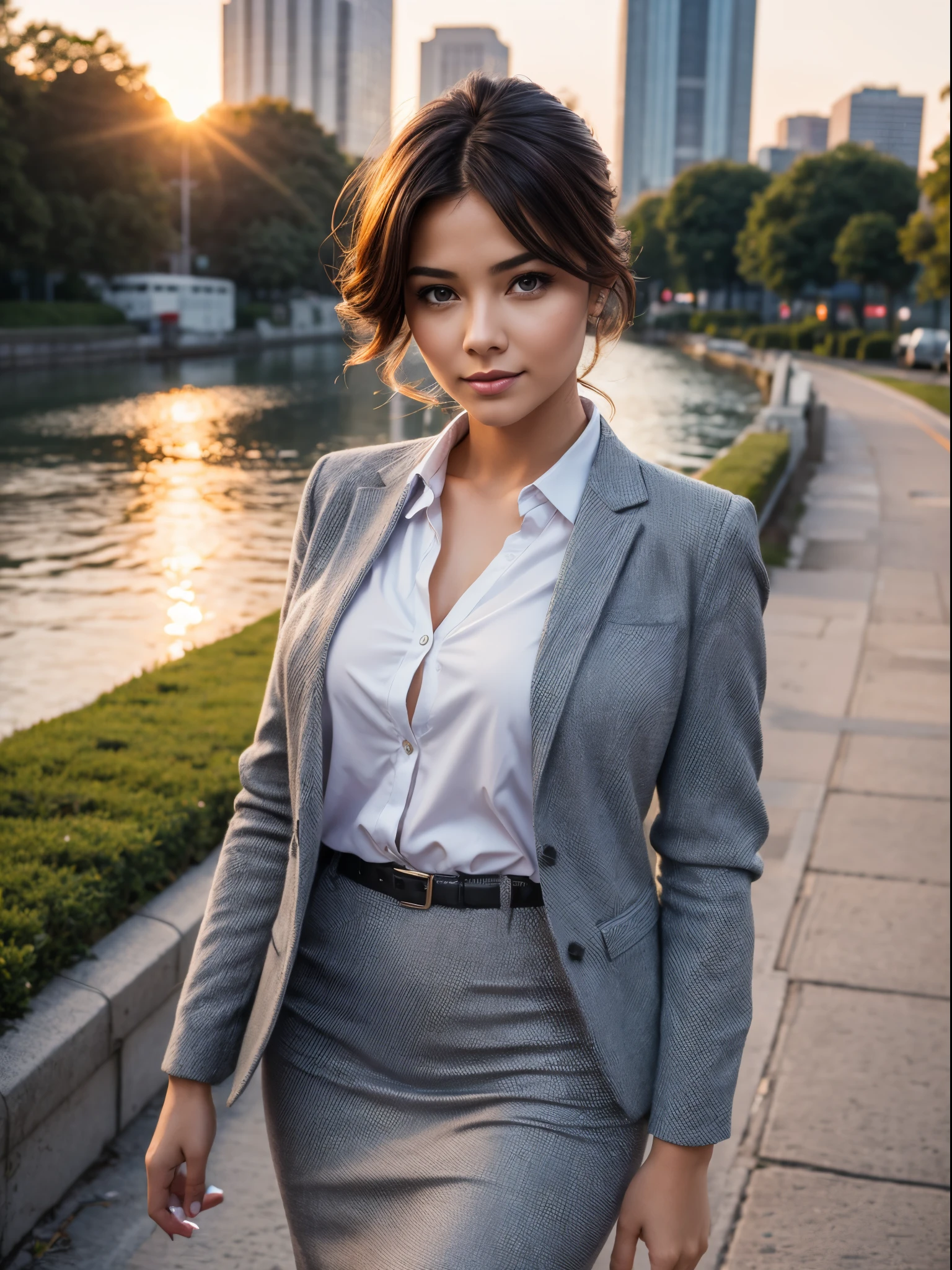 1 young and beautiful sexy office lady, random hairstyle, random hair colour, detailed eyes, random office wear, standing on river sidewalk, sunrise