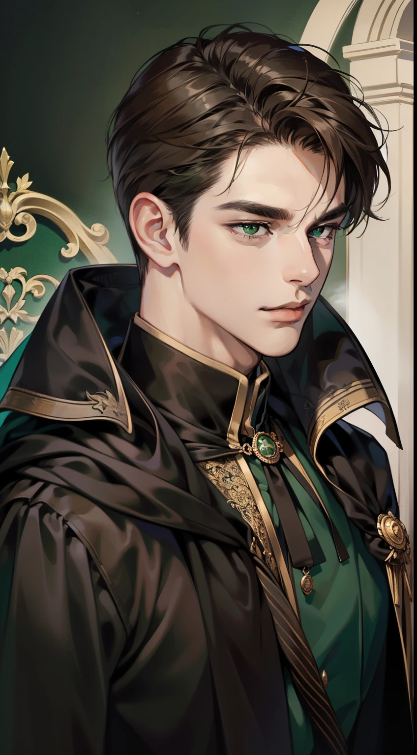 masterpiece, best quality, realistic, 1man, mature male, quiet and charming young man, 25years old, a smirk, closed mouth, portrait, extremely detailed face, a little distant, ((green eyes)), ((short-right-swept dark brown hair)), [thick eyebrows], dark palace, ((long black cape)), (evil), ((all black)), handsome male