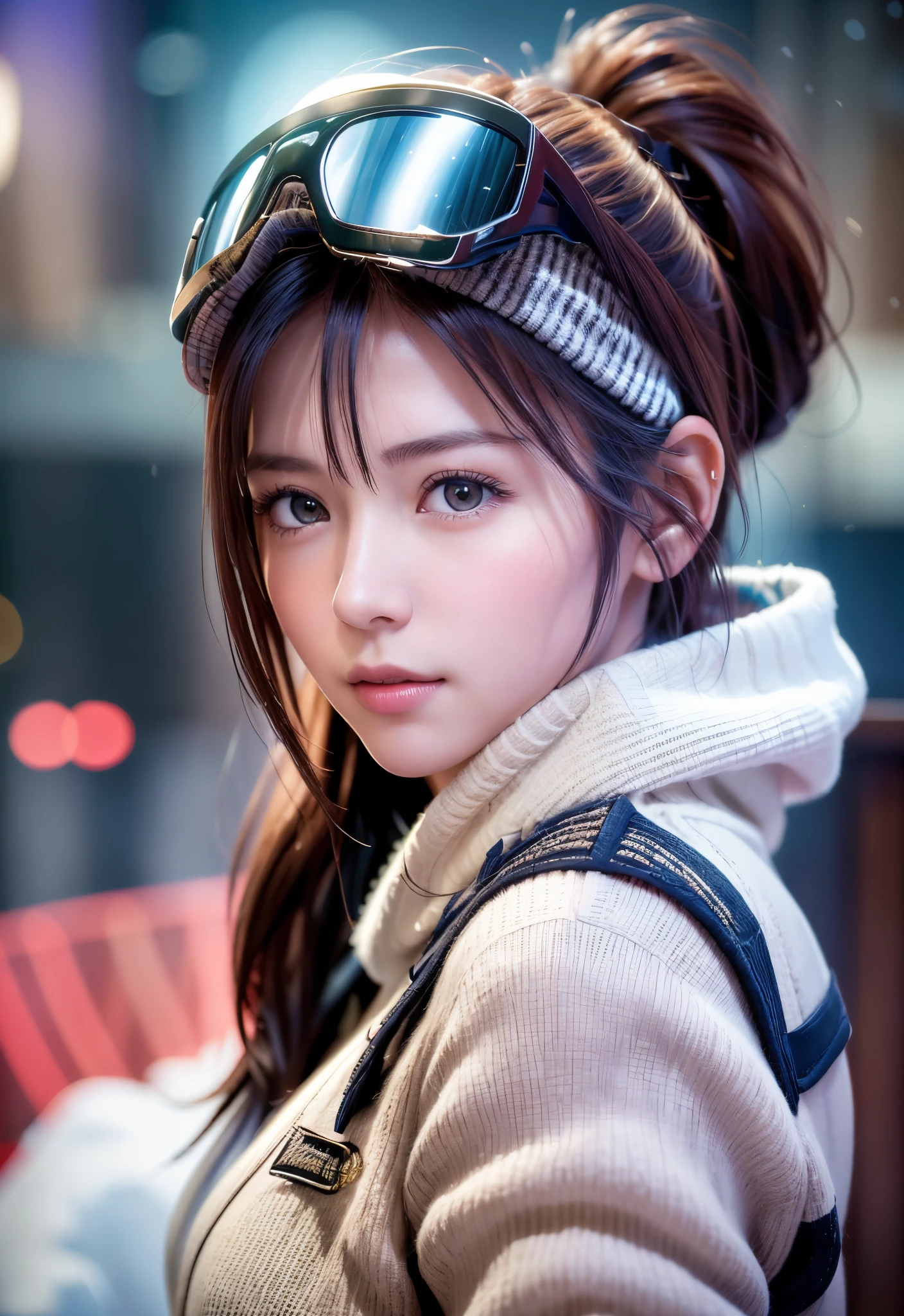 8K, of the highest quality, masutepiece:1.2), (Realistic, Photorealsitic:1.37), of the highest quality, masutepiece, Beautiful young woman, Pensive expression,、A charming、and an inviting look, skiing、snowboarder、Ski Wear, Hair tied back, Cinematic background, Light skin tone、Ski Resort Background
