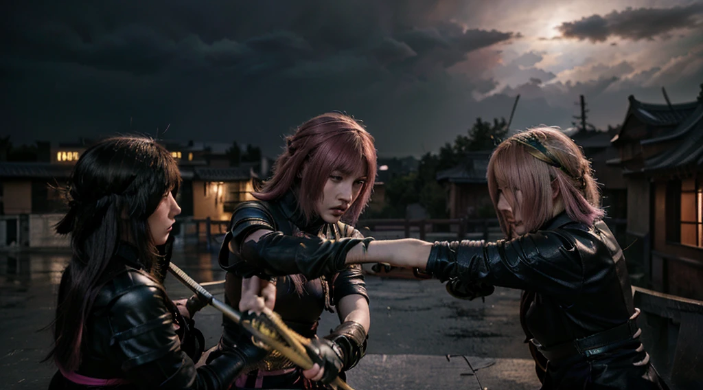 (((Three girls duel))) A blonde hair female samurai, fighting with her sword against a short black hair female Ninja, and a pink hair Chinese girl is fighting with both girls too, they are all fighting against each other on the roof of an old train, dark clouds, a heavy rain falling during the duel, late afternoon. 4k, unreal engine, cinematic, high quality image