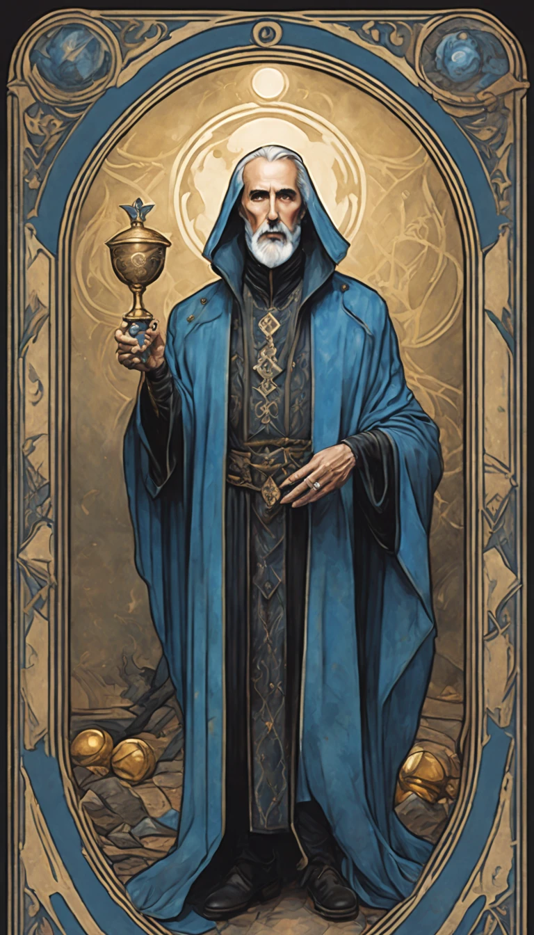 Christopher Lee as the magus, wearing blue gothic style, raven, snake , winecup metal, tarot style (canvas watercolor illustration of a tarot style:1.1) card deck, nuanced colors, pearlescent glow, very little contrast, vintage muted colors, center image, dynamic, highly detailed, perfect composition golden ratio, best quality, sharp focus, by With Design In Mind