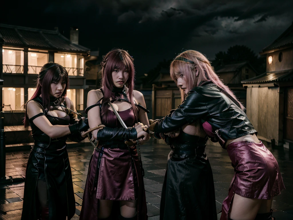 highest quality、Surreal、Perfect Anatomy、Crowded downtown area、Surrounded by spectators、Crowd、Wet and shiny white skin、Sweat dripping all over the body、Slender model figure、Ahegao、blush、micro bikini、Pink Hair、Braid、soaked、Super small face、Collars and Leads、Natural lighting、Photo session、Japanese sword、Cleavage、