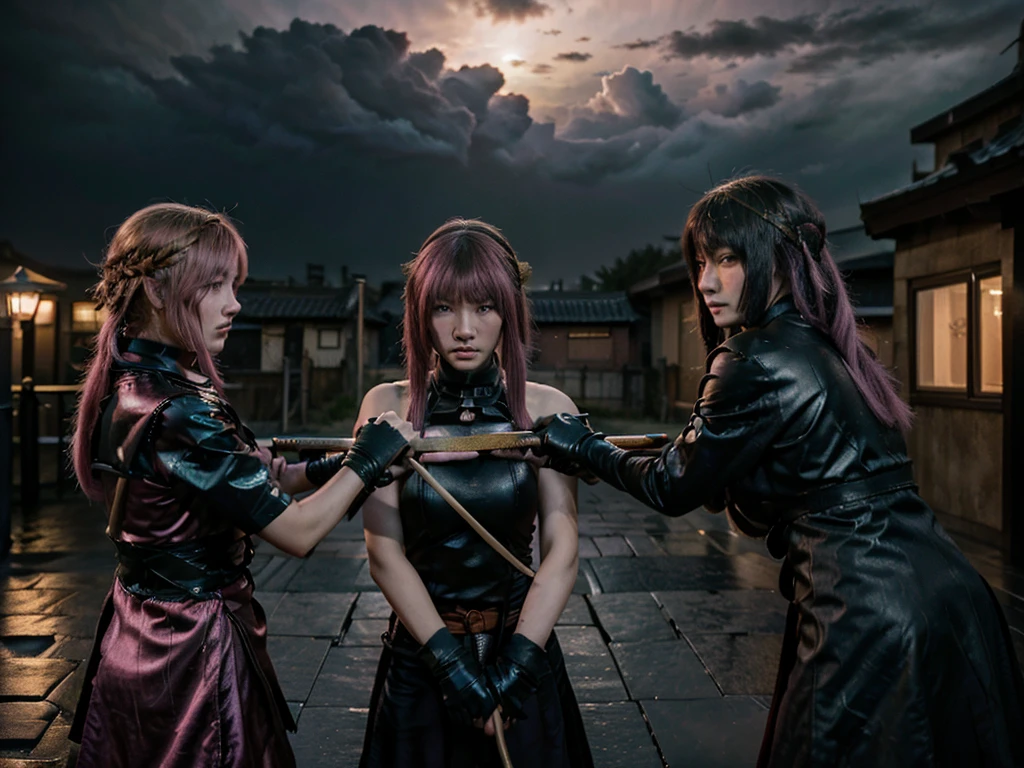 (((Three girls duel))) A blonde hair female samurai, fighting with her sword against a short black hair female Ninja, and a pink hair Chinese girl is fighting with both girls too, they are all fighting against each other on the roof of an old train, dark clouds, a heavy rain falling during the duel, late afternoon. 4k, unreal engine, cinematic, high quality image