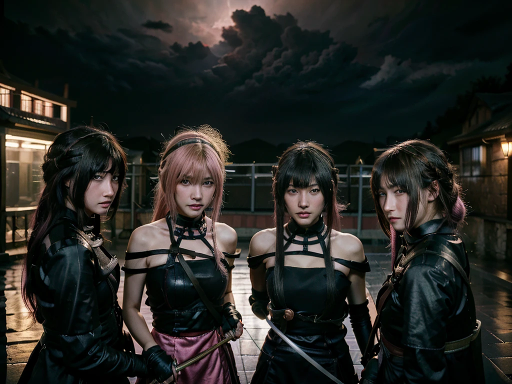 (((Three girls duel))) A blonde hair female samurai, fighting with her sword against a short black hair female Ninja, and a pink hair Chinese girl is fighting with both girls too, they are all fighting against each other on the roof of an old train, dark clouds, a heavy rain falling during the duel, late afternoon. 4k, unreal engine, cinematic, high quality image